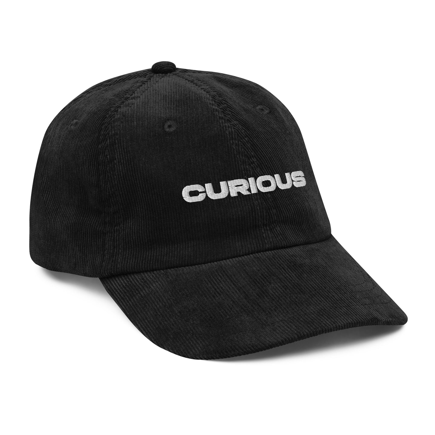 CURIOUS, text, type, hat, dad hat, corduroy, cozy, design. front left side view of black hat on white background