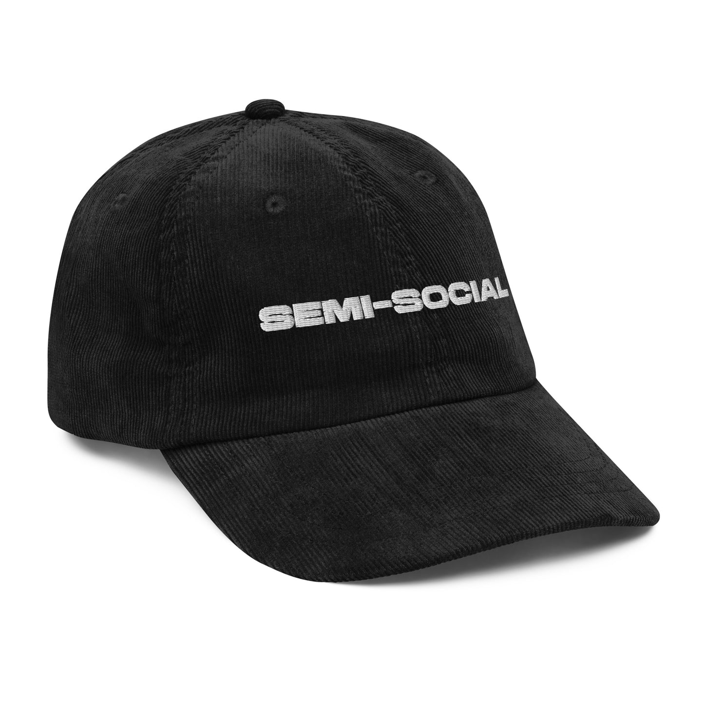 SEMI-SOCIAL, text, type, hat, dad hat, corduroy, cozy, design. front left side view of black hat on white background