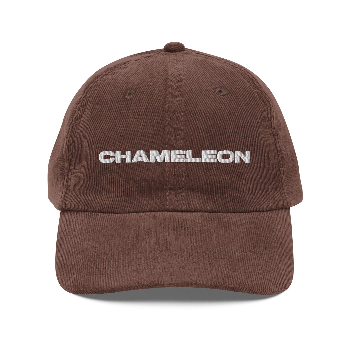 CHAMELEON, text, type, hat, dad hat, corduroy, cozy, design. front view of brown hat on white background