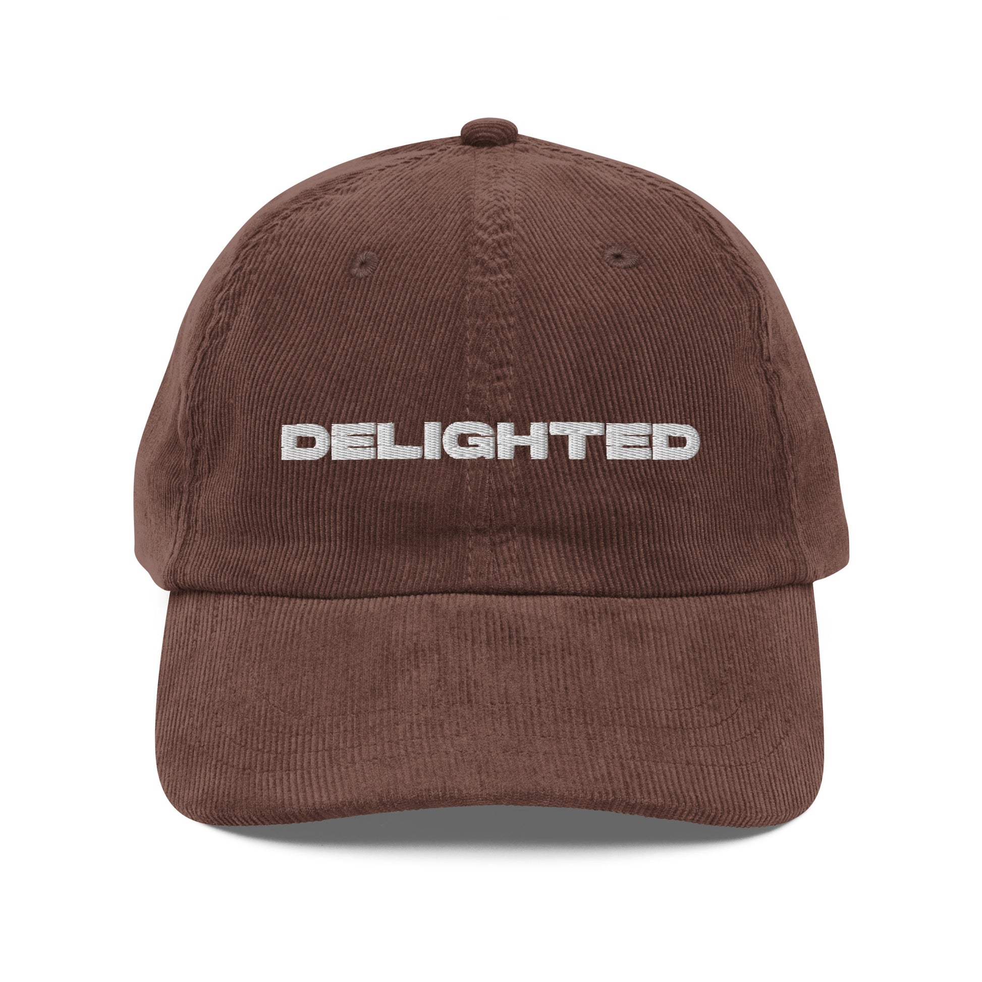 DELIGHTED, text, type, hat, dad hat, corduroy, cozy, design. front view of brown hat on white background
