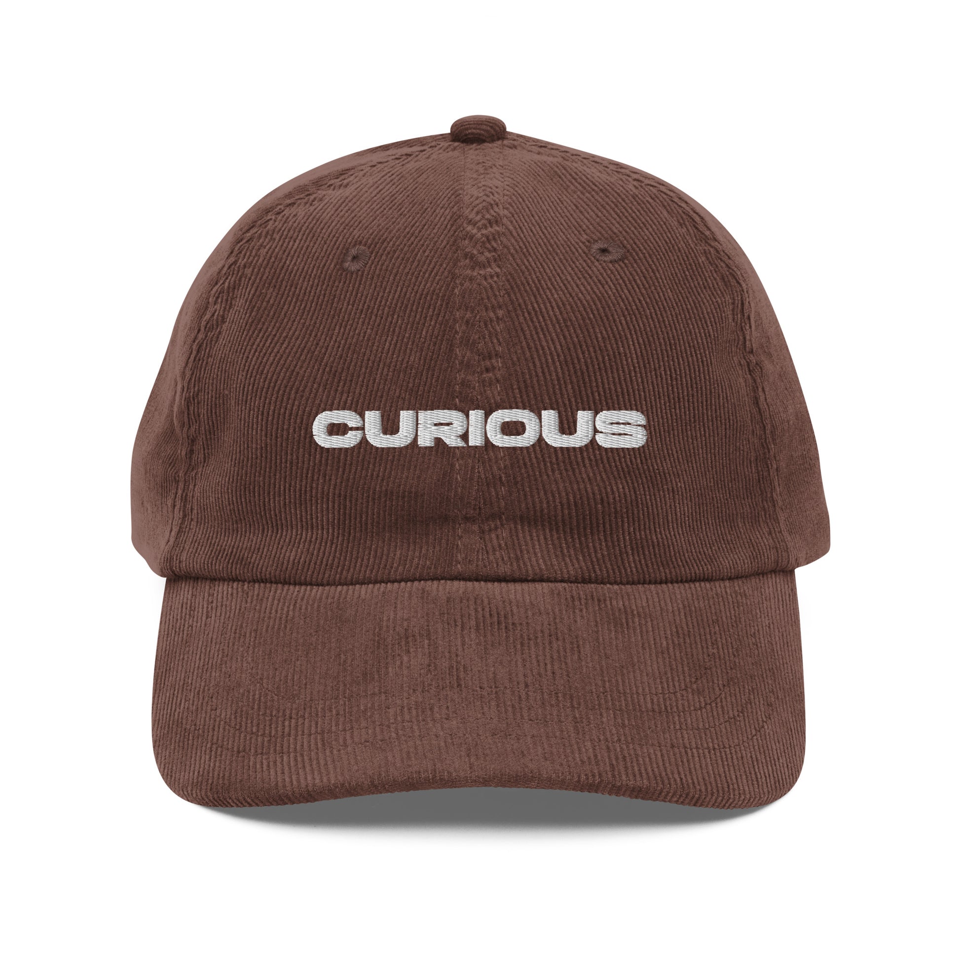 CURIOUS, text, type, hat, dad hat, corduroy, cozy, design. front view of brown hat on white background