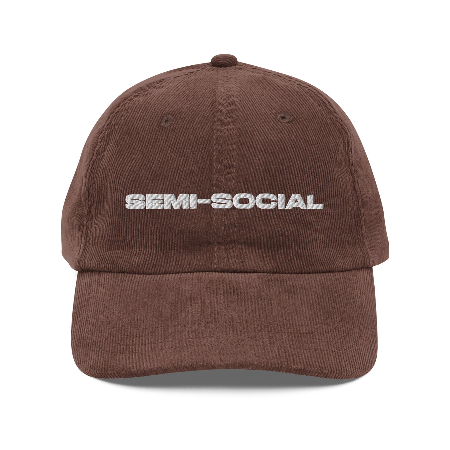 SEMI-SOCIAL, text, type, hat, dad hat, corduroy, cozy, design. front view of brown hat on white background