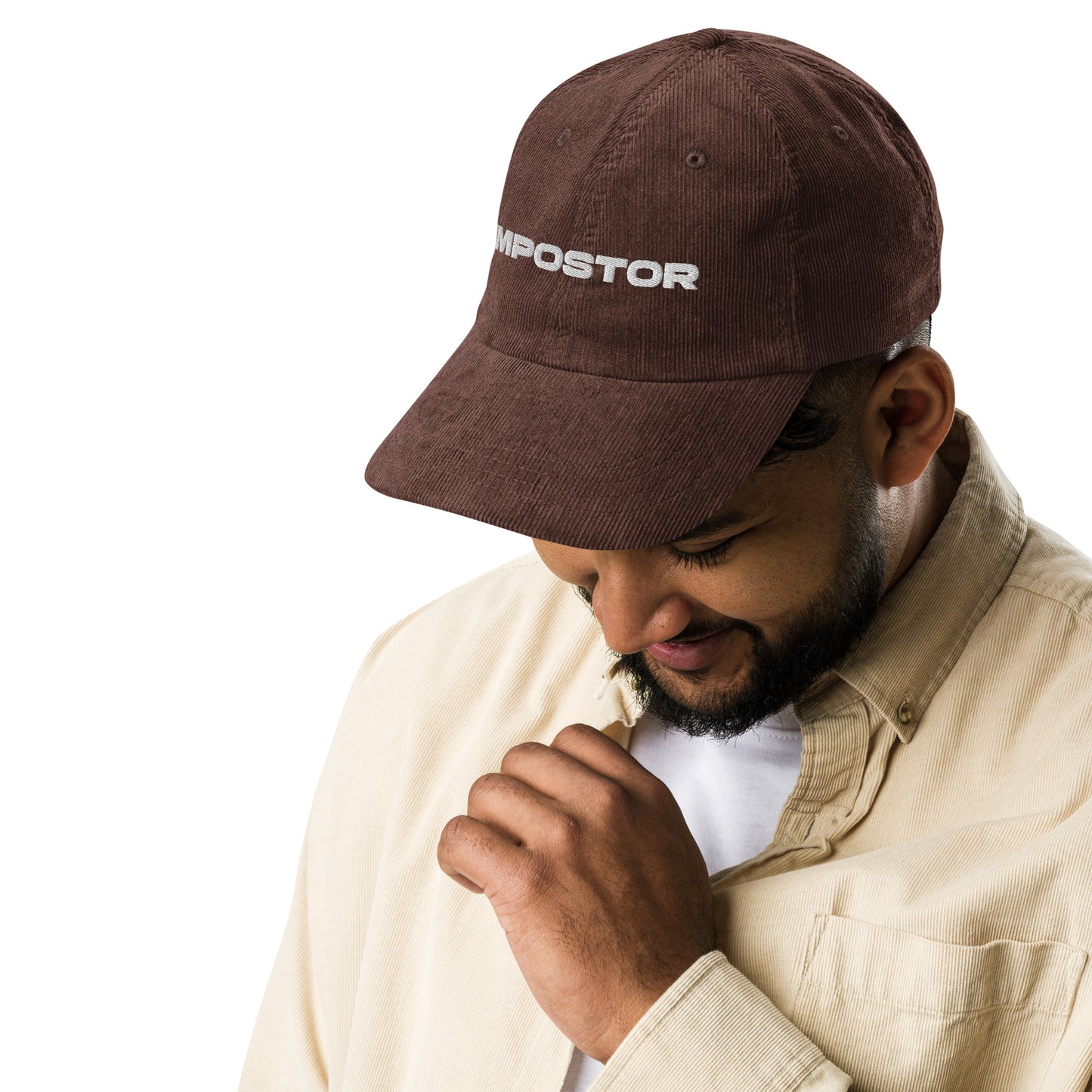IMPOSTOR, text, type, hat, dad hat, corduroy, cozy, design. front right side view of brown hat on male model