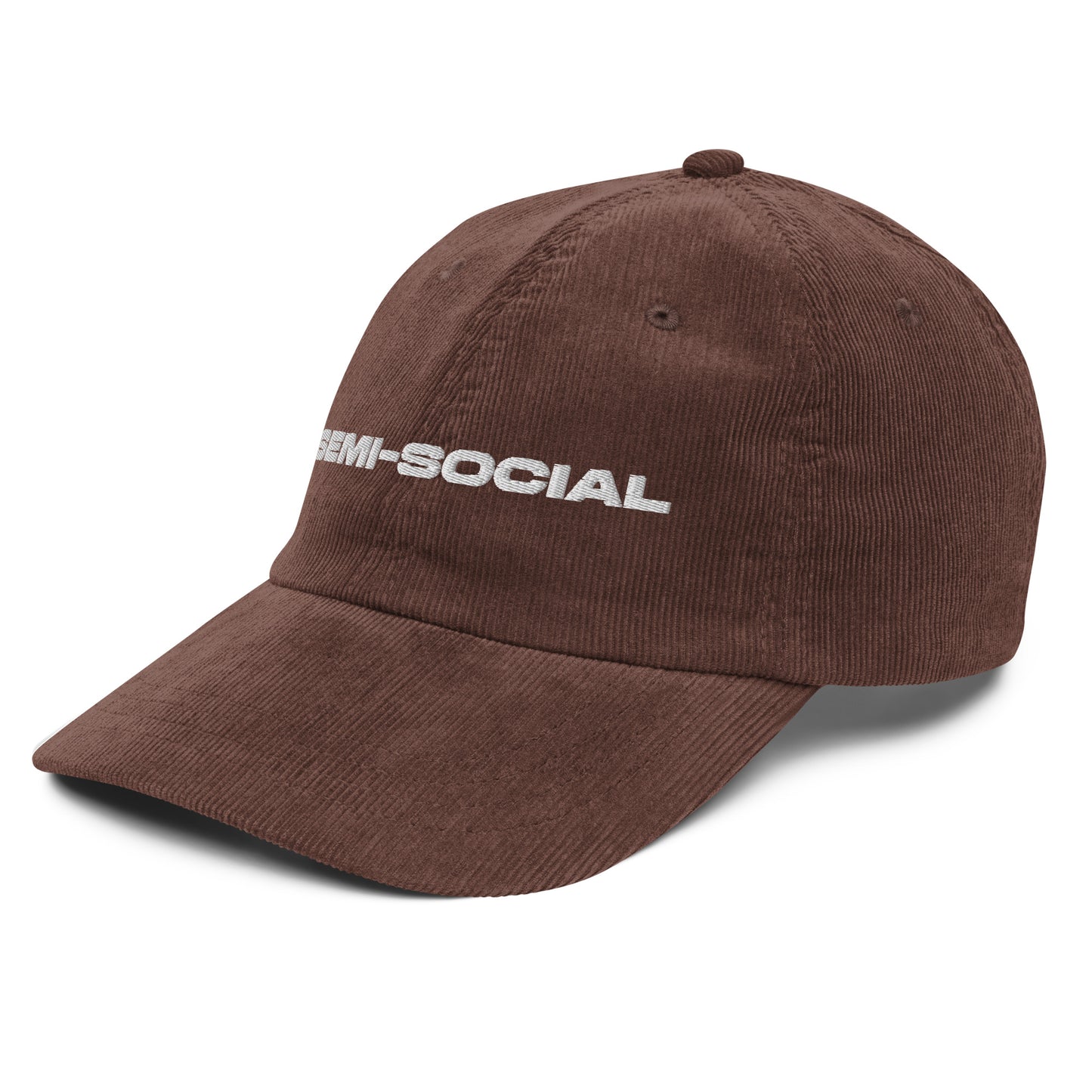 SEMI-SOCIAL, text, type, hat, dad hat, corduroy, cozy, design. front right side view of brown hat on white background