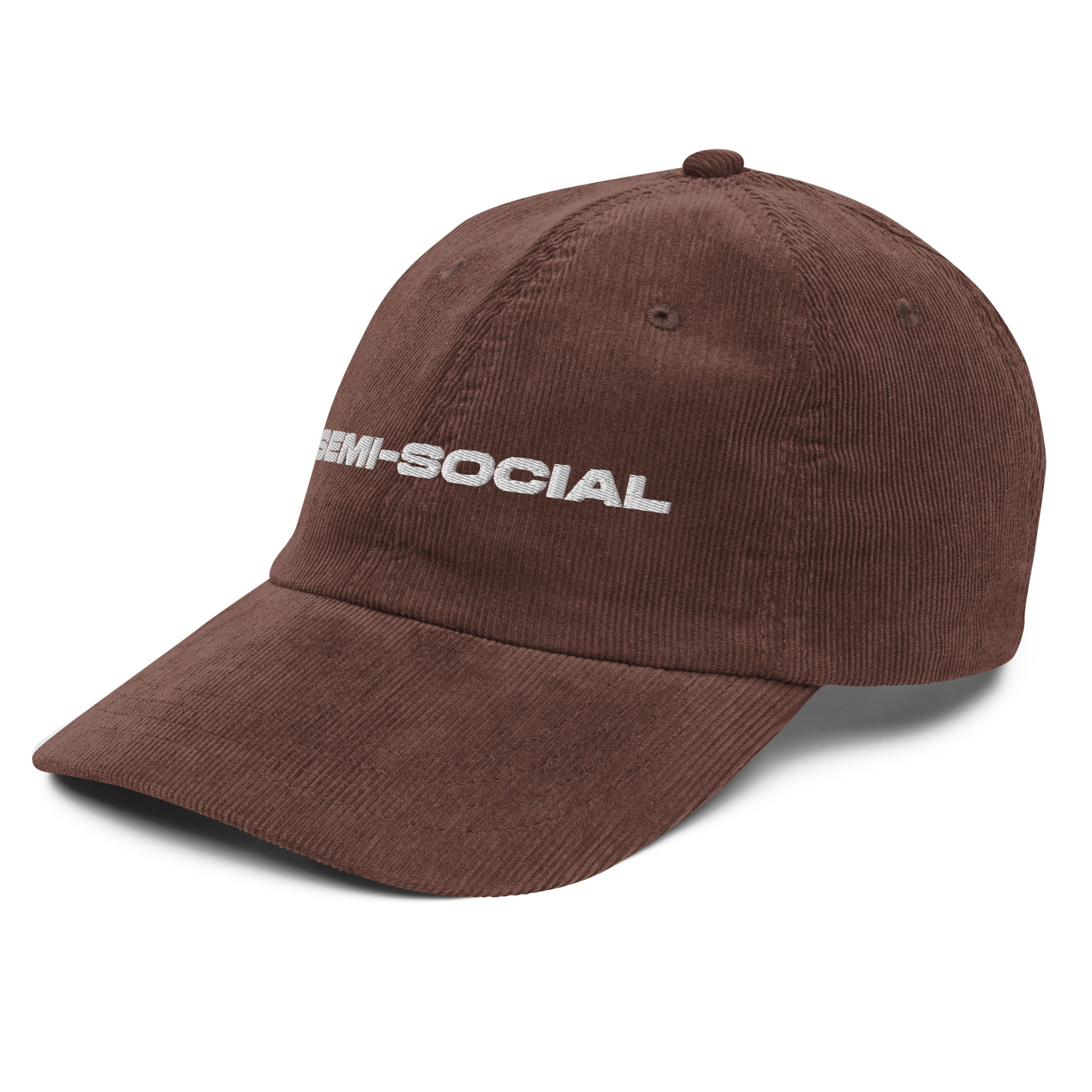 SEMI-SOCIAL, text, type, hat, dad hat, corduroy, cozy, design. front right side view of brown hat on white background