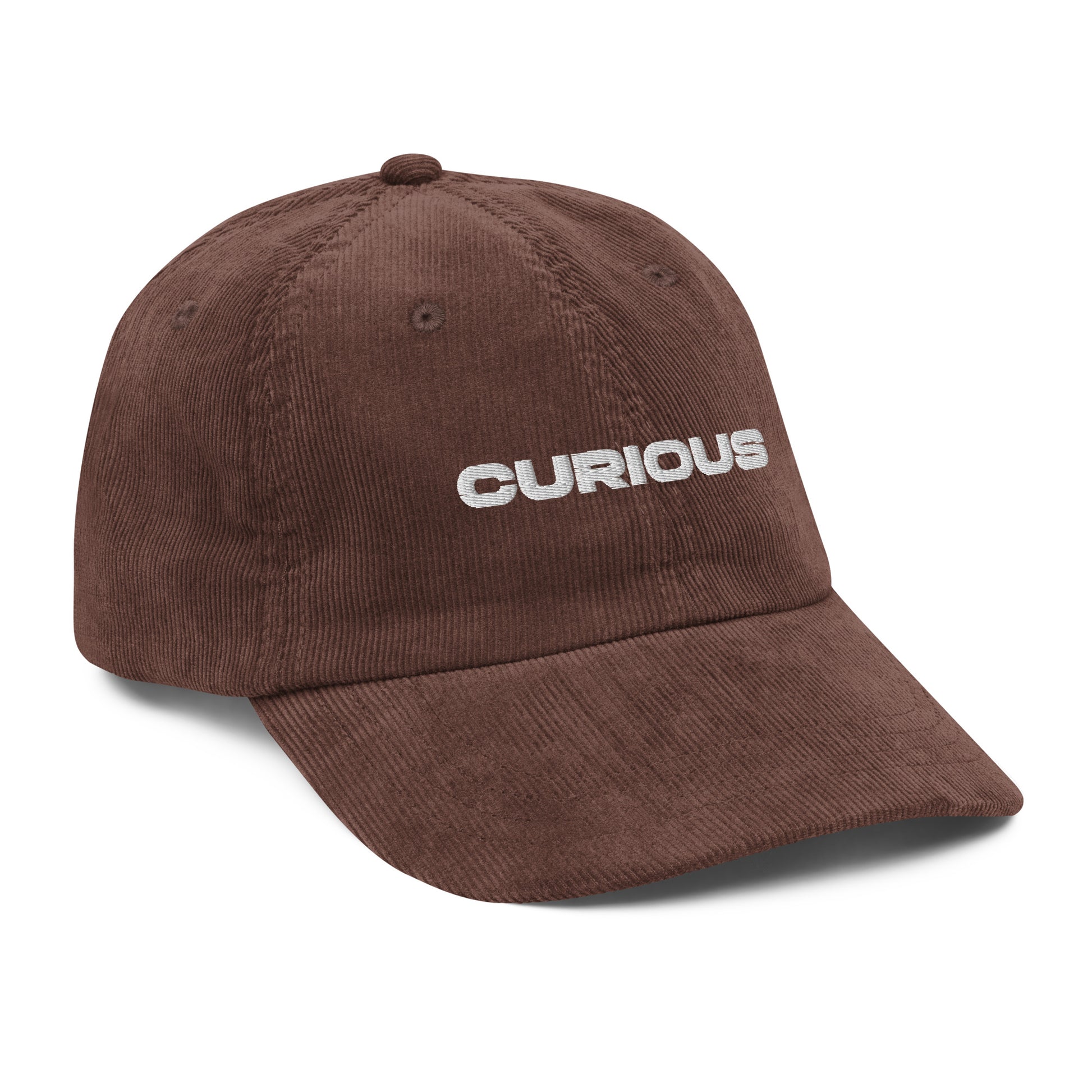 CURIOUS, text, type, hat, dad hat, corduroy, cozy, design. front left side view of brown hat on white background