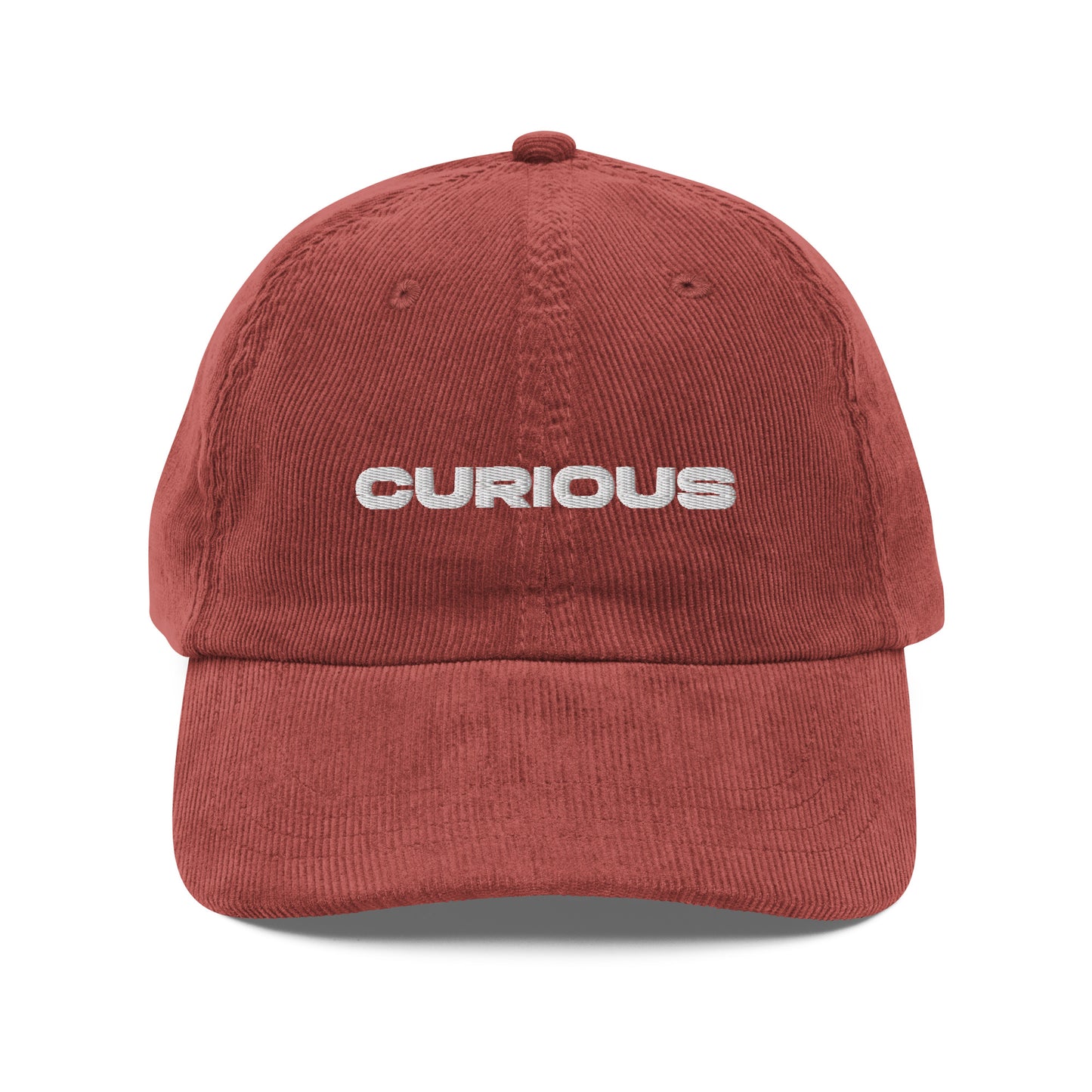 CURIOUS, text, type, hat, dad hat, corduroy, cozy, design. front view of rust hat on white background