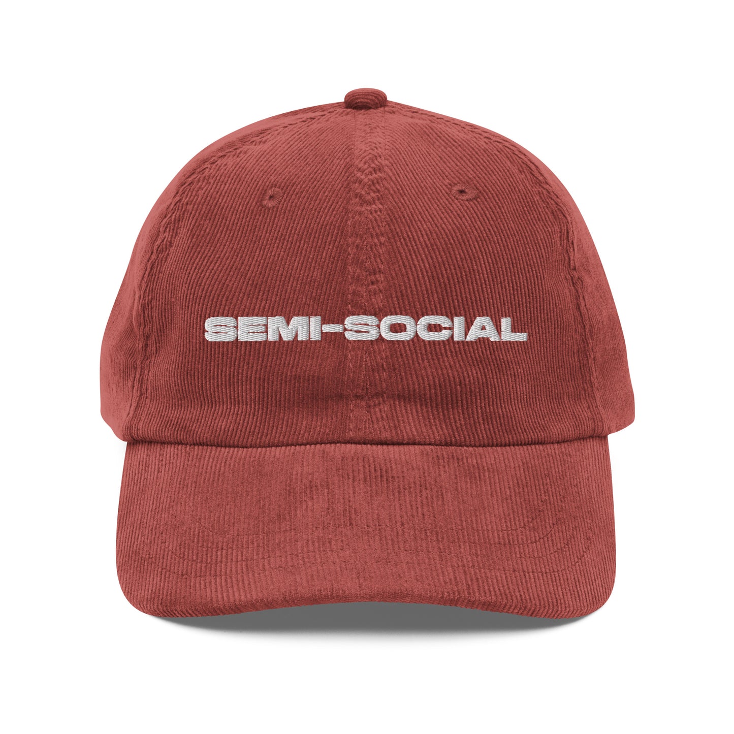 SEMI-SOCIAL, text, type, hat, dad hat, corduroy, cozy, design. front view of rust hat on white background