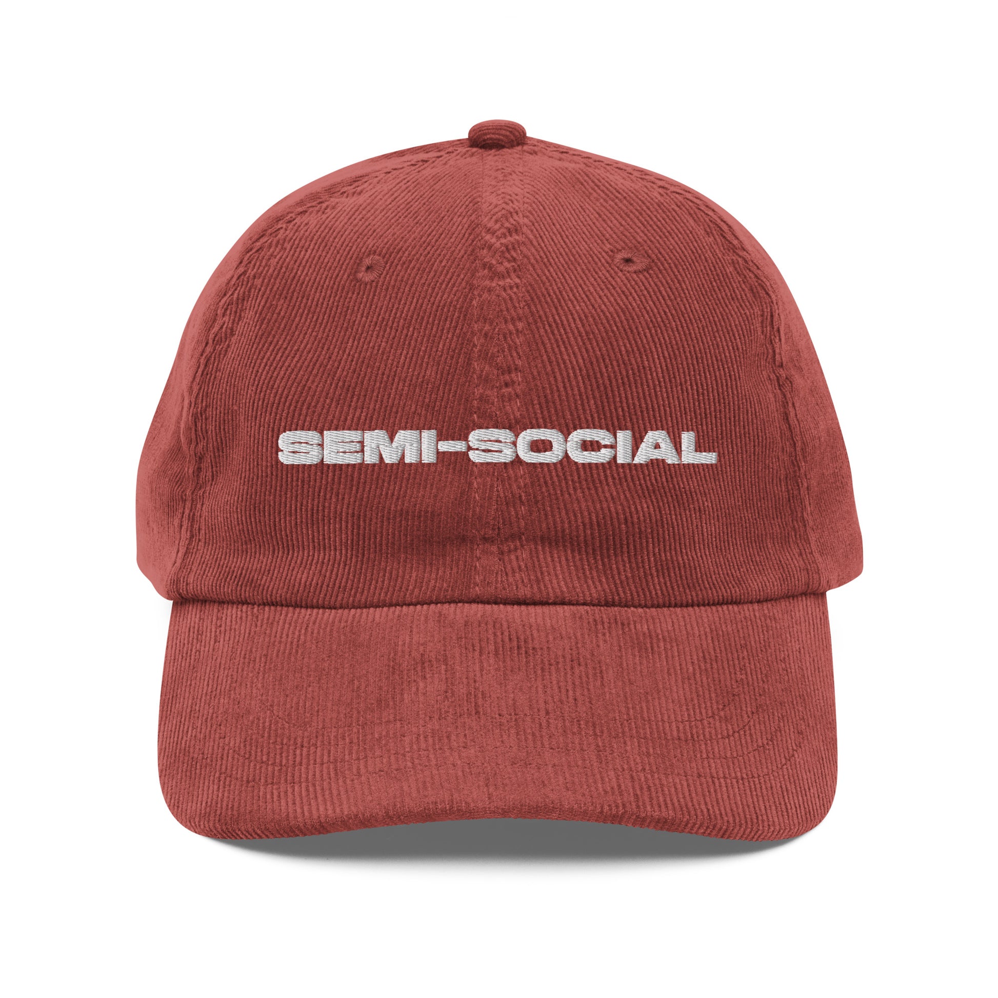 SEMI-SOCIAL, text, type, hat, dad hat, corduroy, cozy, design. front view of rust hat on white background