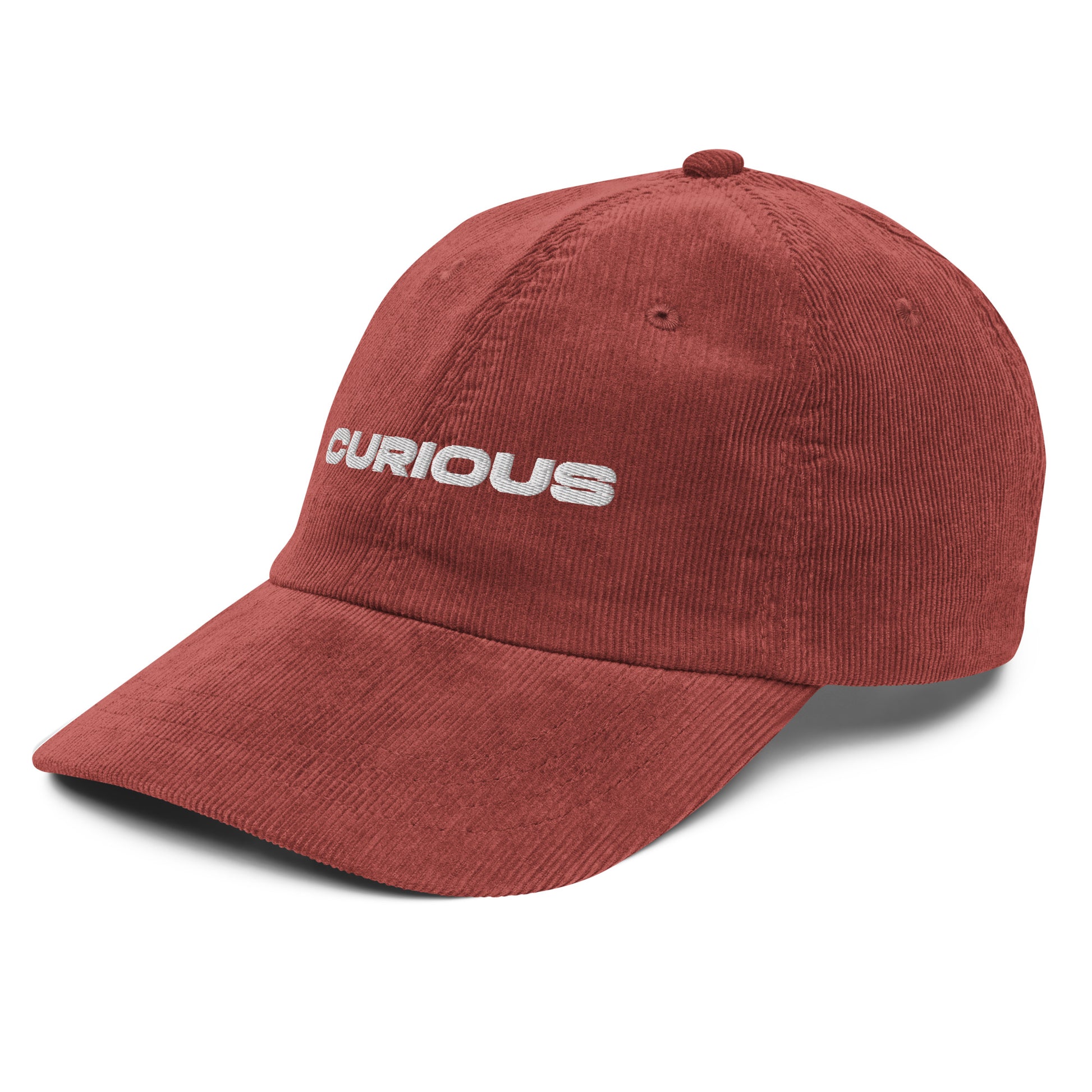 CURIOUS, text, type, hat, dad hat, corduroy, cozy, design. front right side view of rust hat on white background