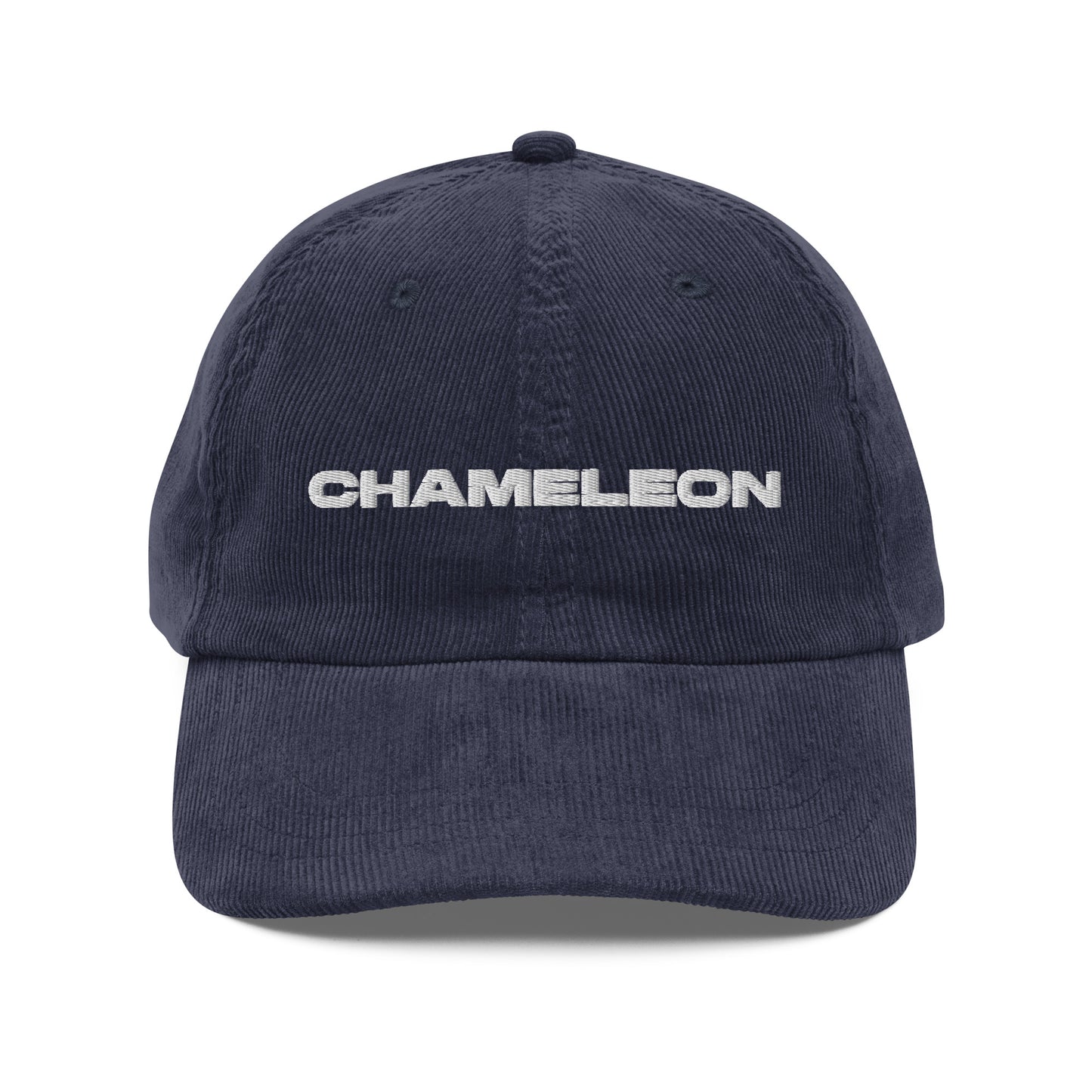 CHAMELEON, text, type, hat, dad hat, corduroy, cozy, design. front view of blue hat on white background