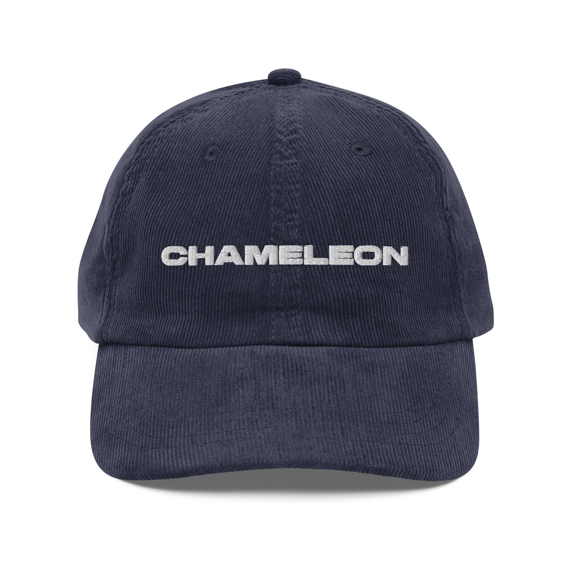 CHAMELEON, text, type, hat, dad hat, corduroy, cozy, design. front view of blue hat on white background