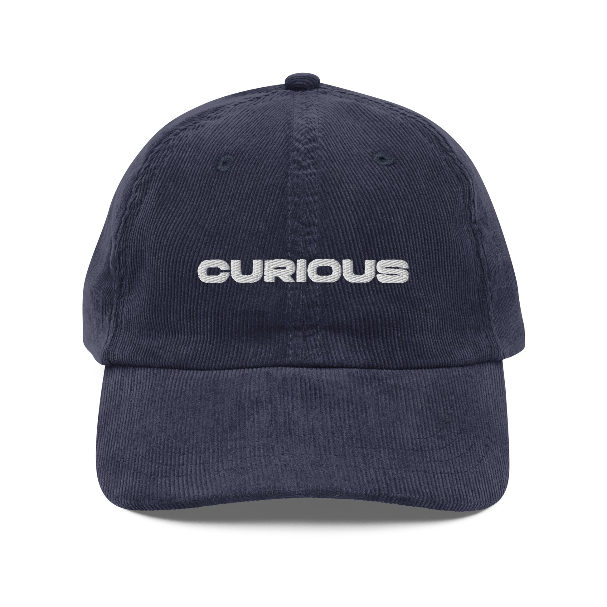 CURIOUS, text, type, hat, dad hat, corduroy, cozy, design. front view of blue hat on white background