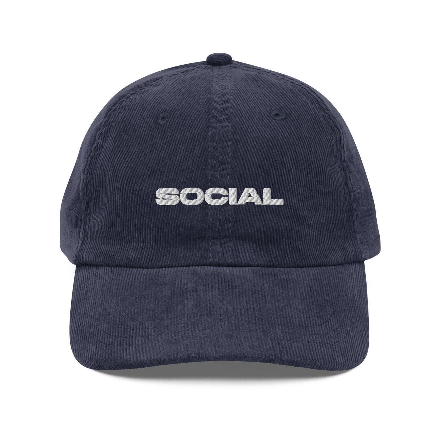 SOCIAL, text, type, hat, dad hat, corduroy, cozy, design. front view of blue hat on white background