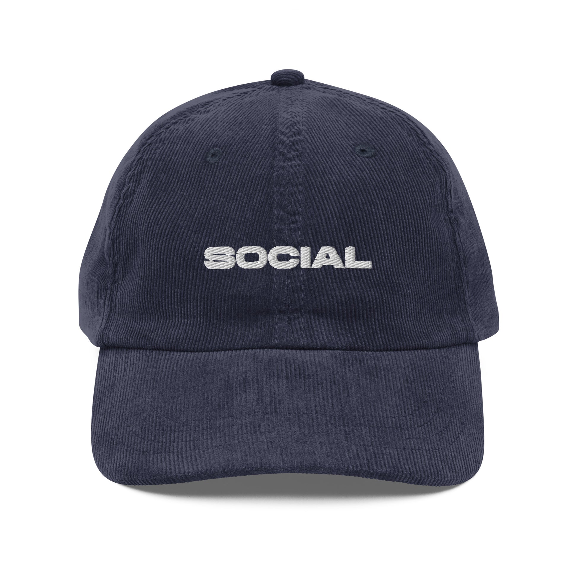 SOCIAL, text, type, hat, dad hat, corduroy, cozy, design. front view of blue hat on white background