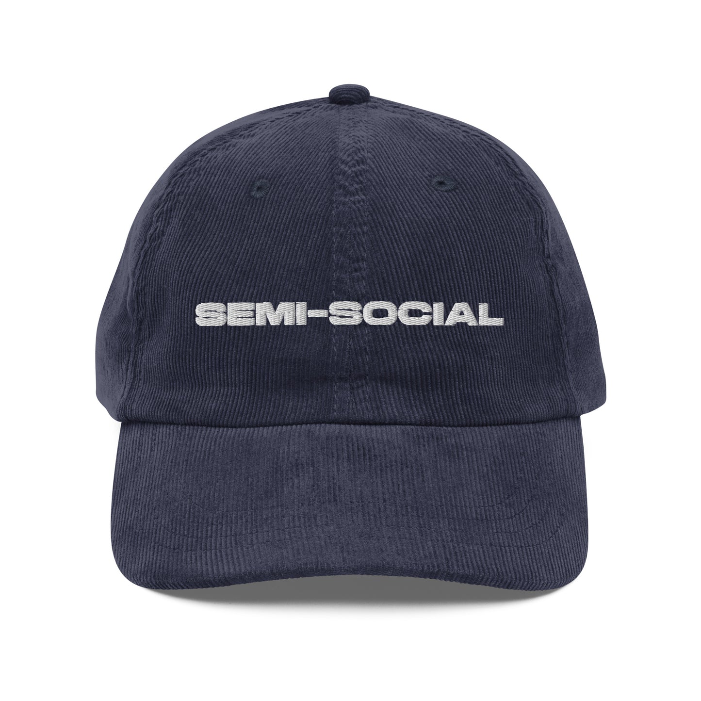 SEMI-SOCIAL, text, type, hat, dad hat, corduroy, cozy, design. front view of blue hat on white background
