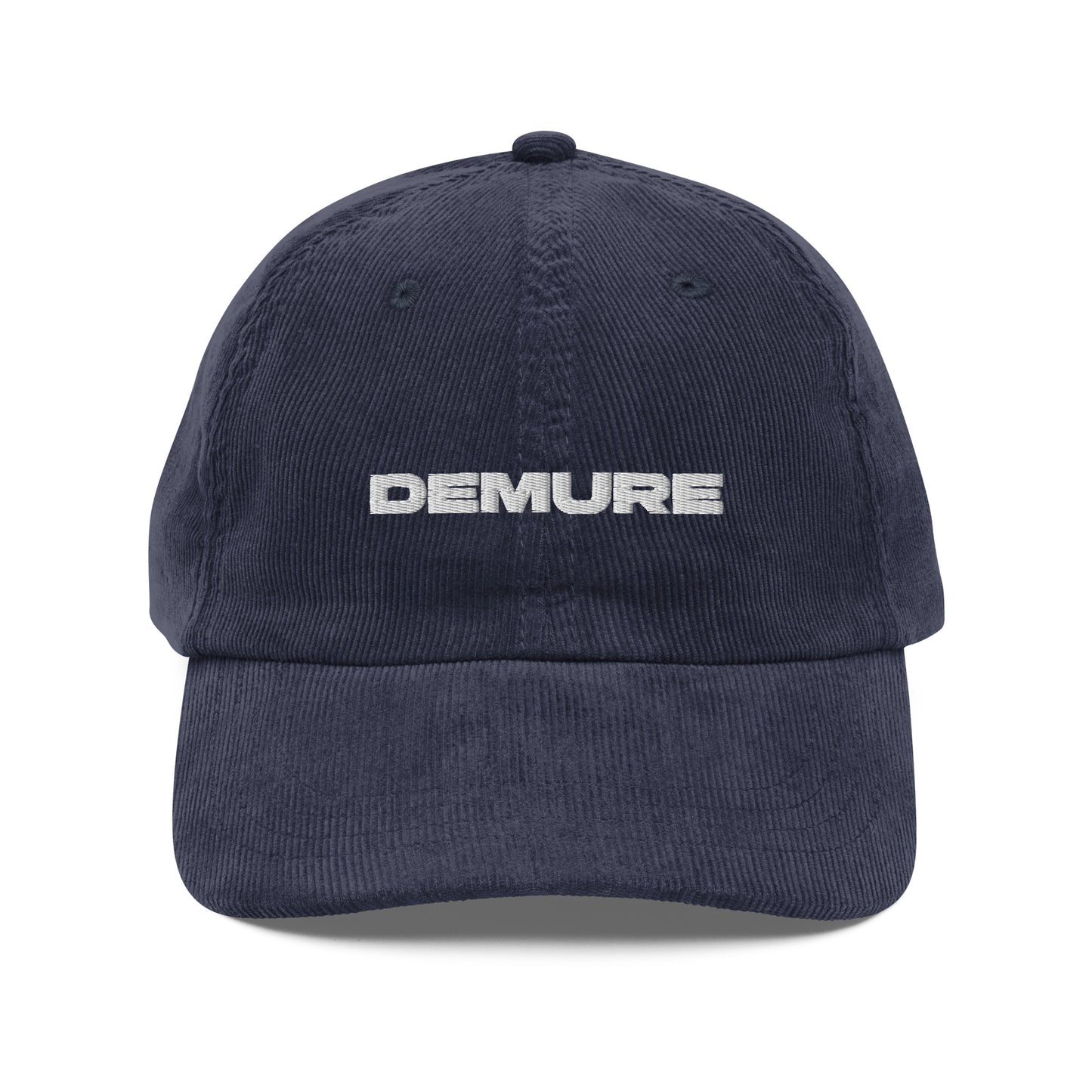 DEMURE, text, type, hat, dad hat, corduroy, cozy, design. front view of blue hat on white background