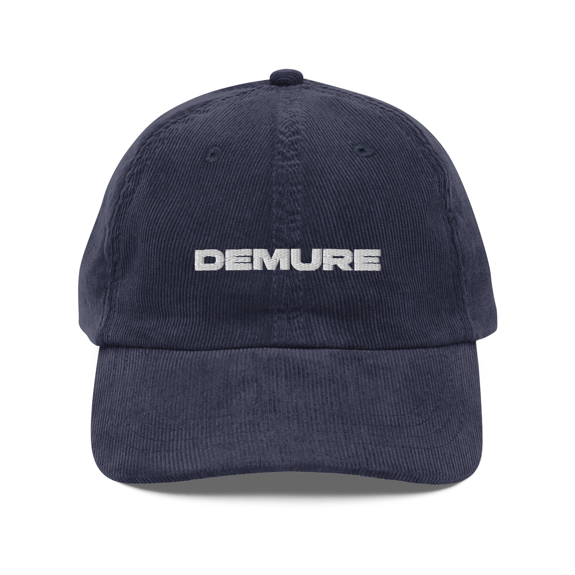 DEMURE, text, type, hat, dad hat, corduroy, cozy, design. front view of blue hat on white background