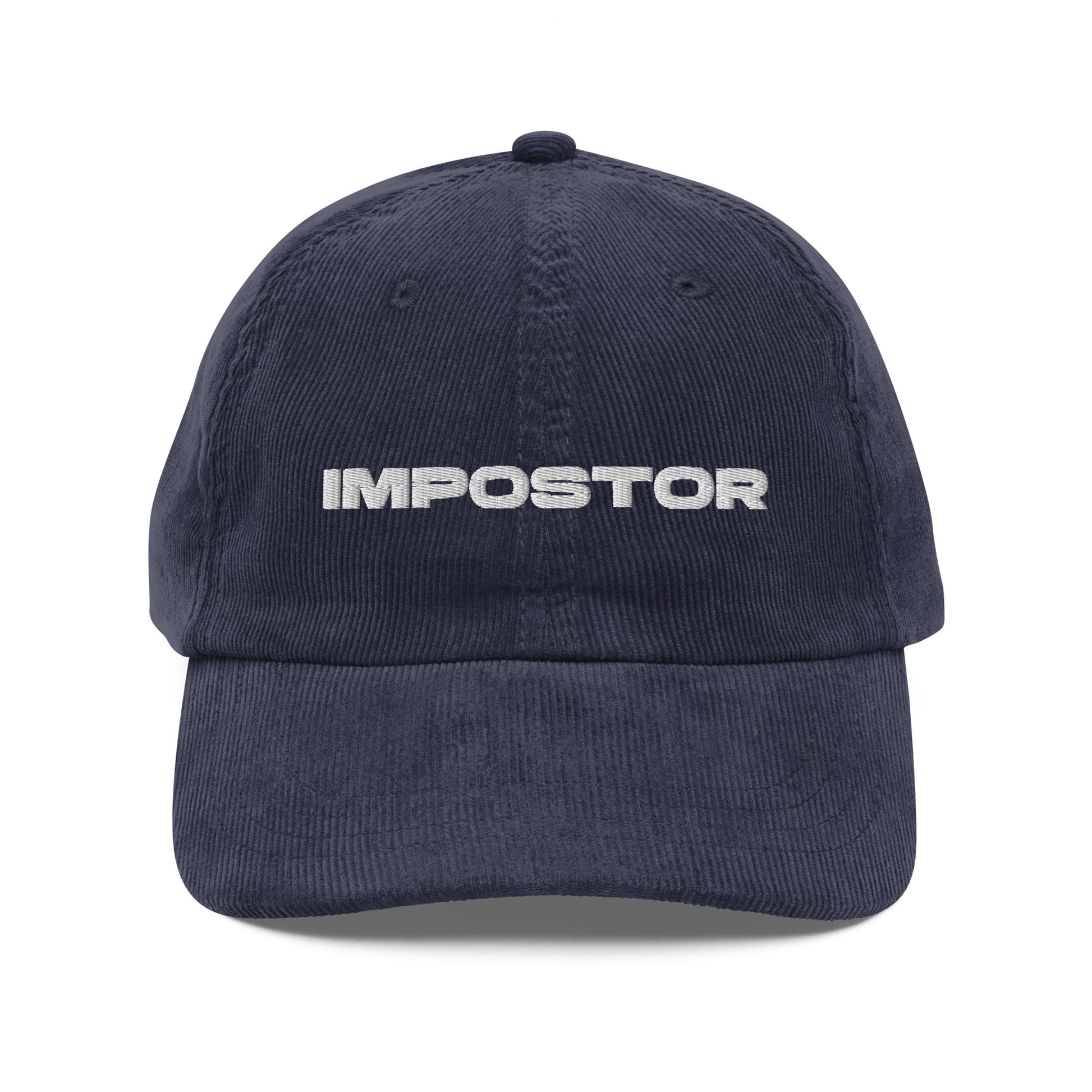 IMPOSTOR, text, type, hat, dad hat, corduroy, cozy, design. front view of blue hat on white background