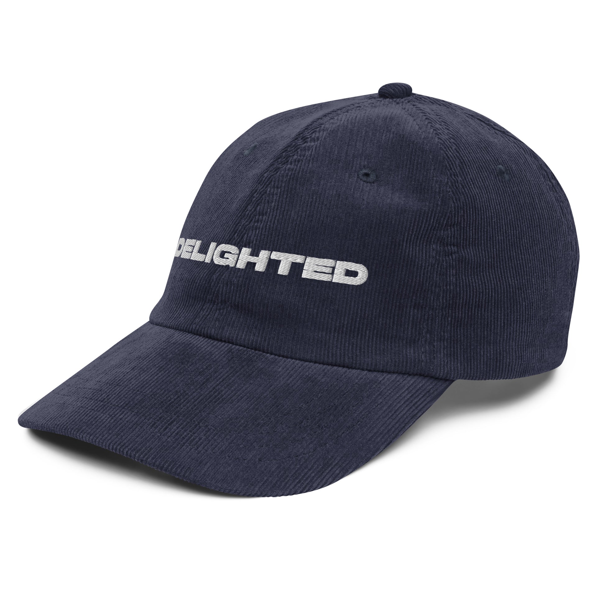 DELIGHTED, text, type, hat, dad hat, corduroy, cozy, design. front right side view of blue hat on white background