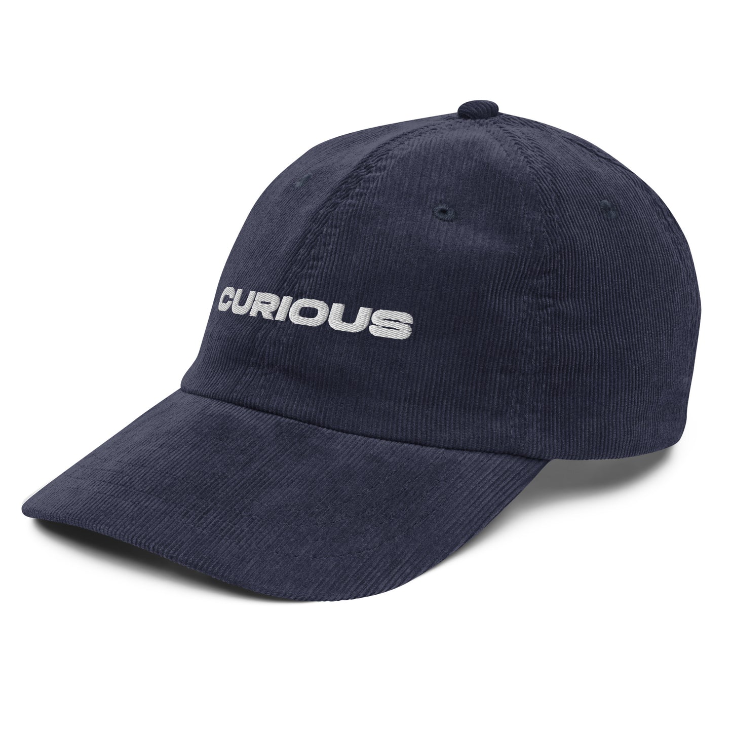 CURIOUS, text, type, hat, dad hat, corduroy, cozy, design. front right side view of blue hat on white background