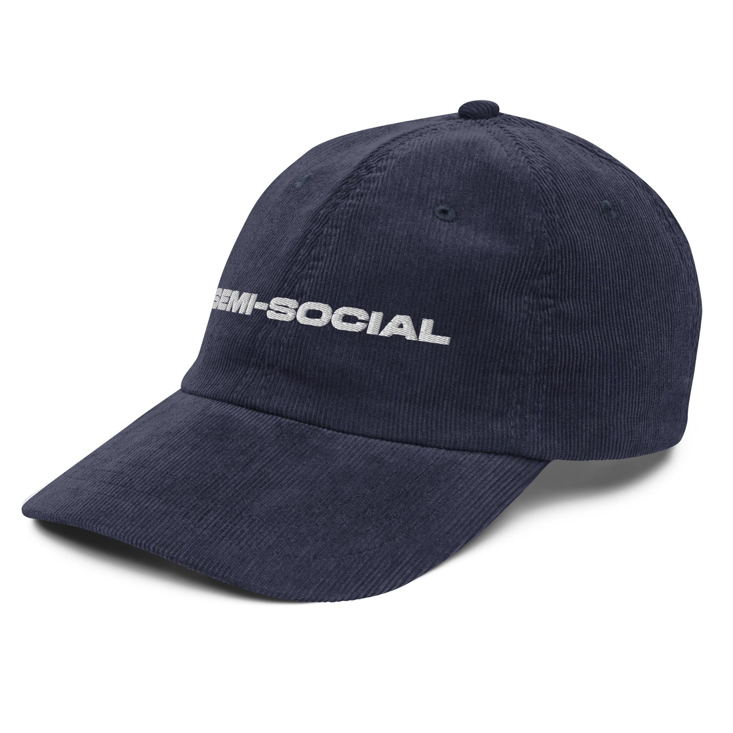 SEMI-SOCIAL, text, type, hat, dad hat, corduroy, cozy, design. front right side view of blue hat on white background