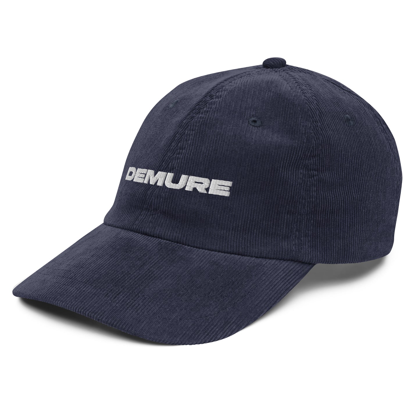 DEMURE, text, type, hat, dad hat, corduroy, cozy, design. front right side view of blue hat on white background
