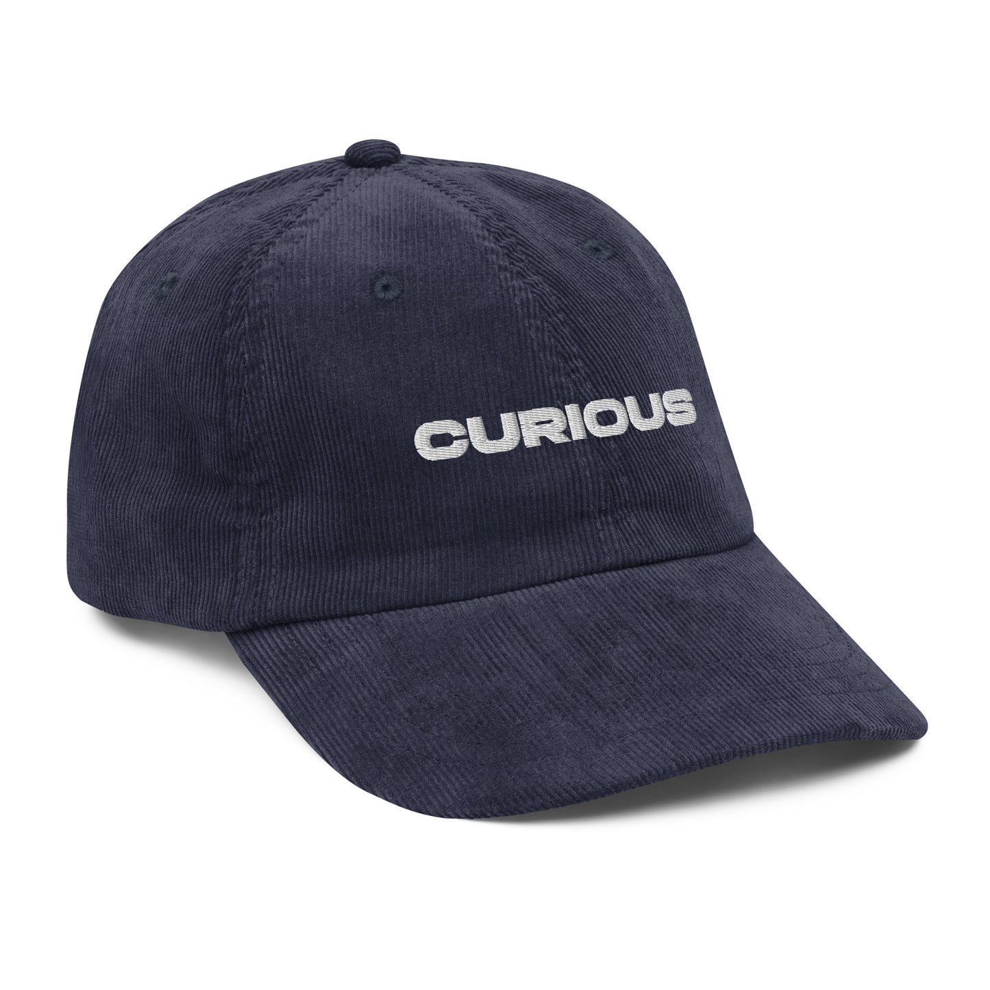 CURIOUS, text, type, hat, dad hat, corduroy, cozy, design. front left side view of blue hat on white background
