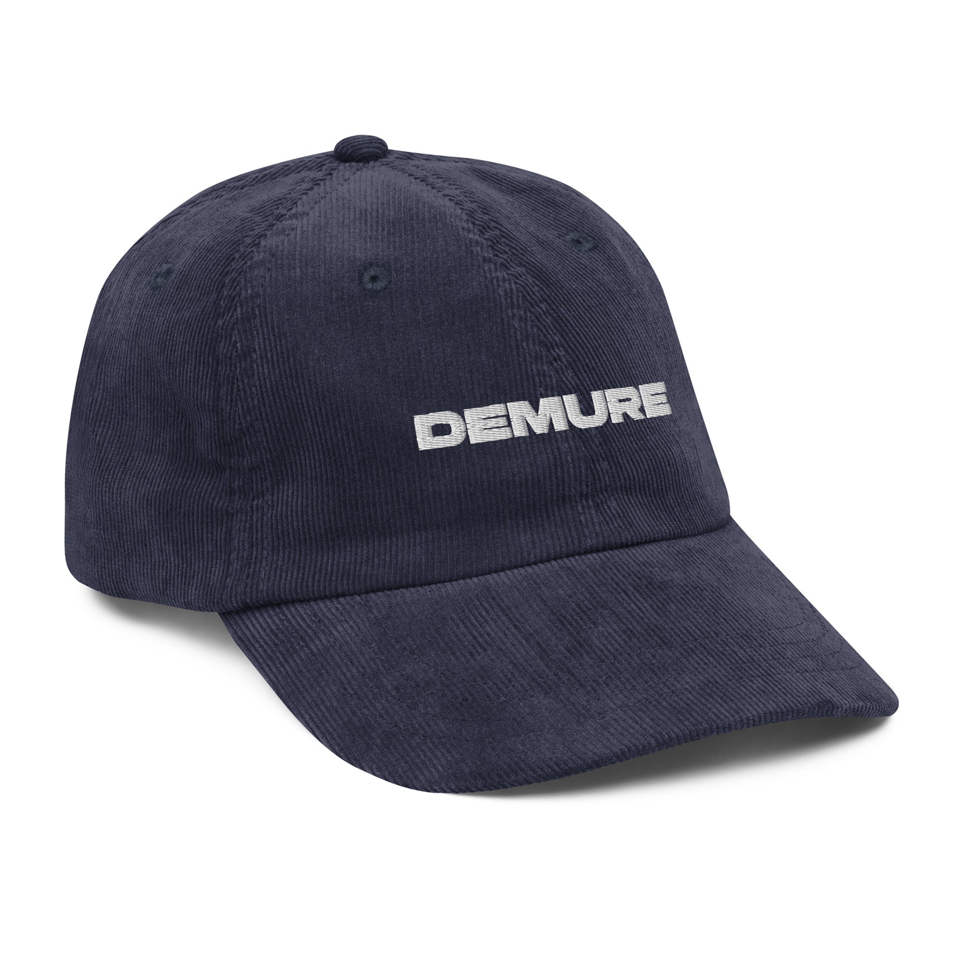 DEMURE, text, type, hat, dad hat, corduroy, cozy, design. front left side view of blue hat on white background