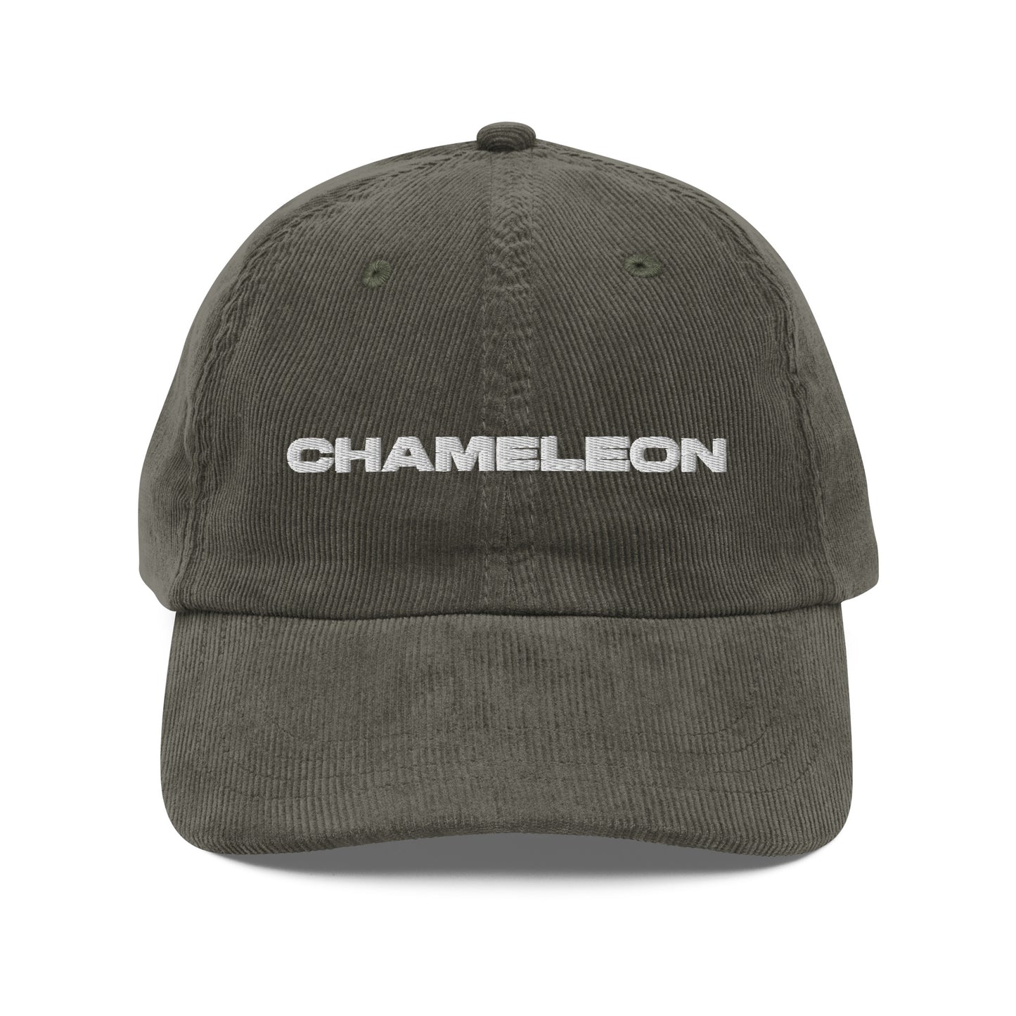CHAMELEON, text, type, hat, dad hat, corduroy, cozy, design. front view of olive hat on white background