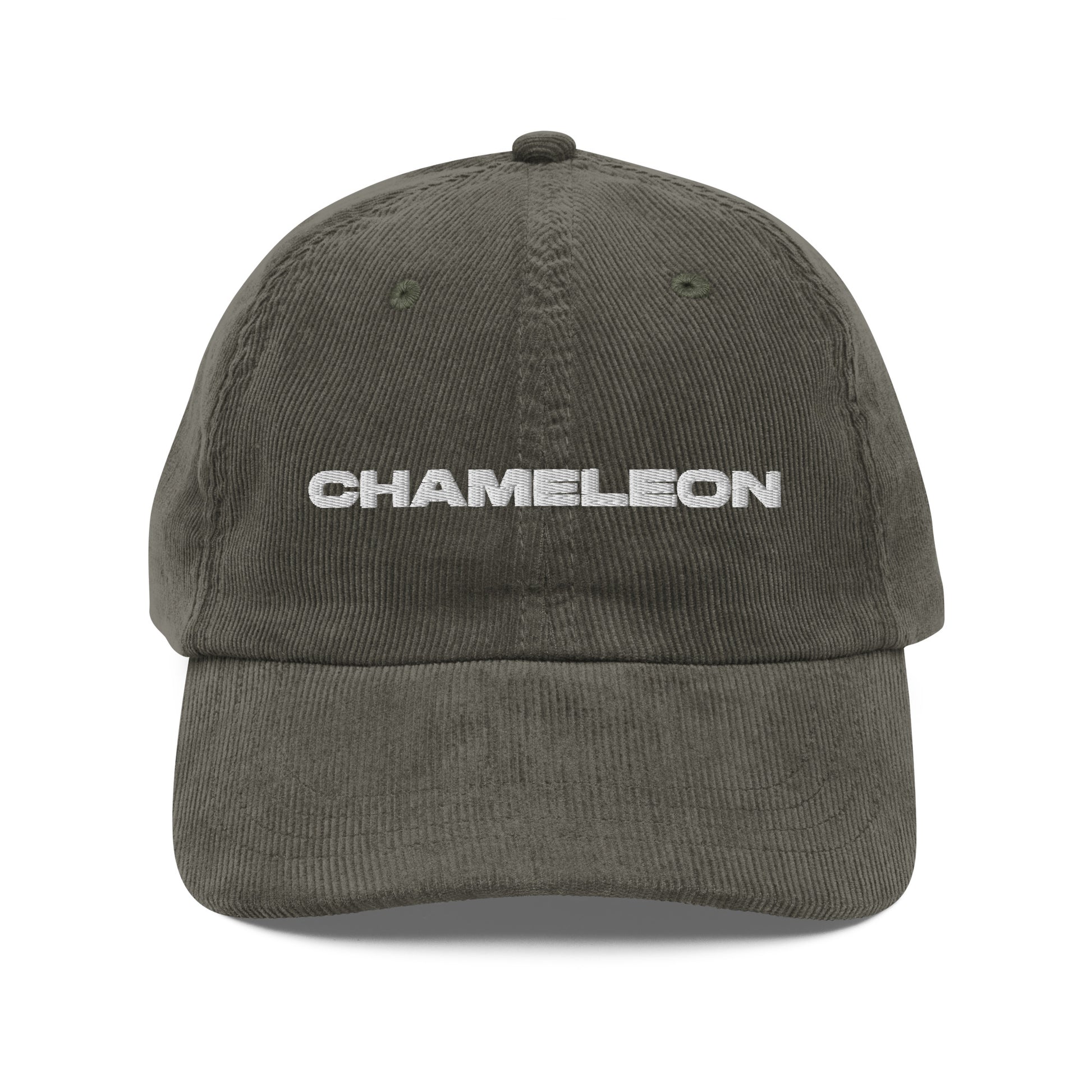 CHAMELEON, text, type, hat, dad hat, corduroy, cozy, design. front view of olive hat on white background