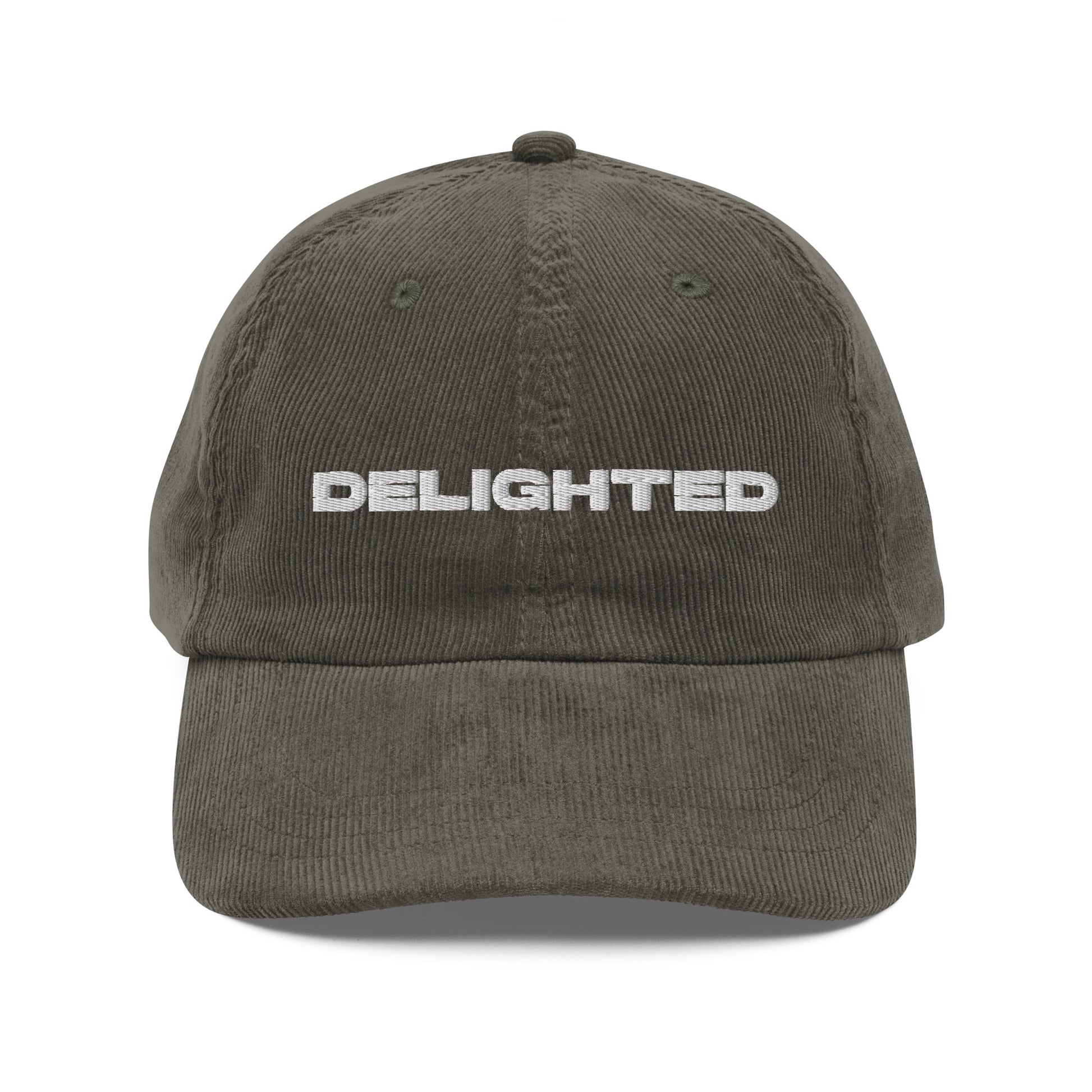 DELIGHTED, text, type, hat, dad hat, corduroy, cozy, design. front view of olive hat on white background