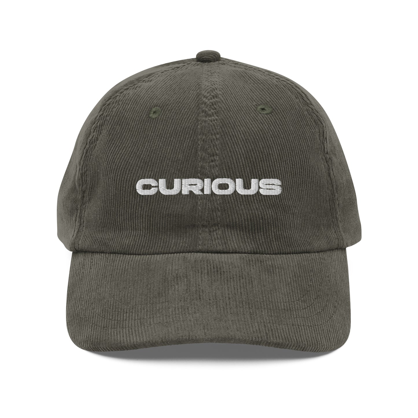 CURIOUS, text, type, hat, dad hat, corduroy, cozy, design. front view of olive hat on white background
