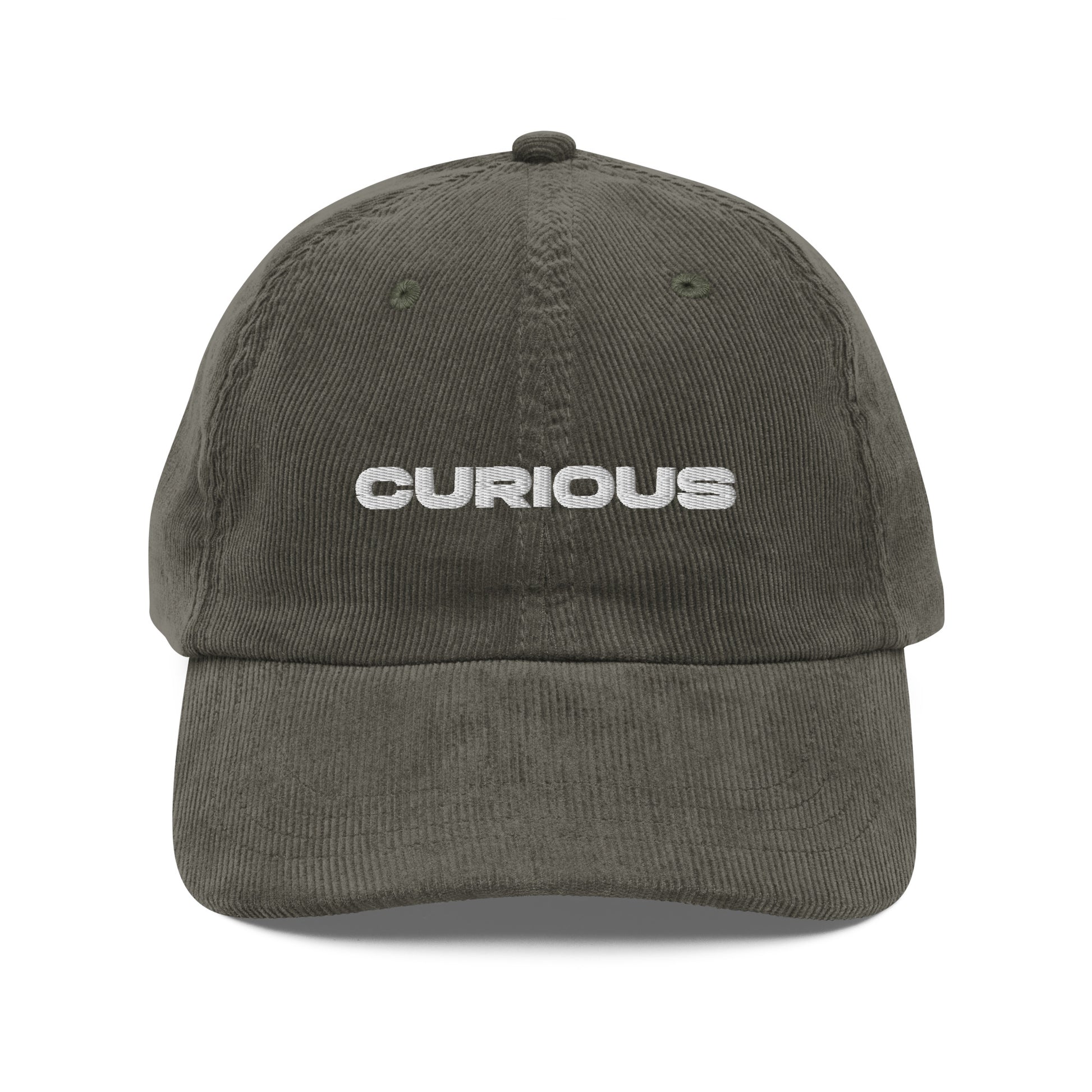 CURIOUS, text, type, hat, dad hat, corduroy, cozy, design. front view of olive hat on white background