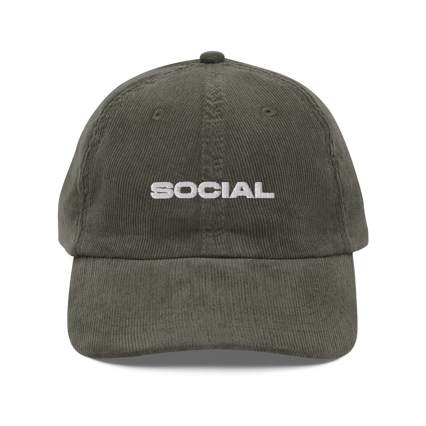 SOCIAL, text, type, hat, dad hat, corduroy, cozy, design. front view of olive hat on white background