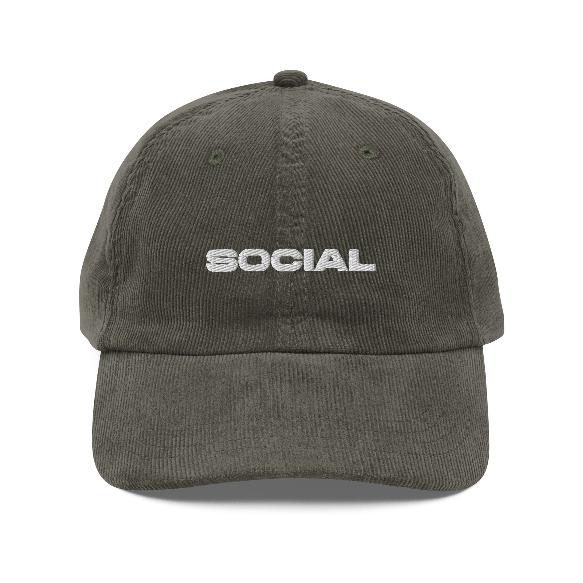 SOCIAL, text, type, hat, dad hat, corduroy, cozy, design. front view of olive hat on white background