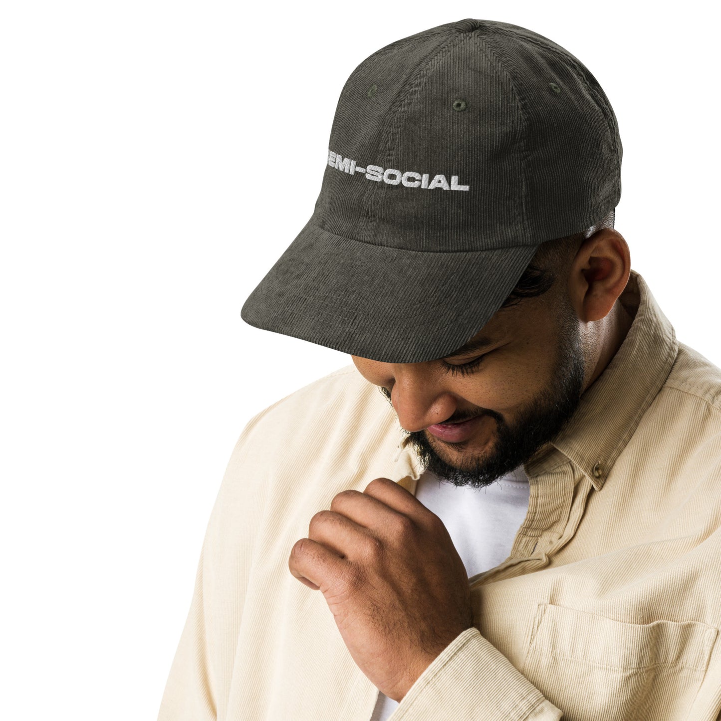 SEMI-SOCIAL, text, type, hat, dad hat, corduroy, cozy, design. front right side view of olive hat on male model