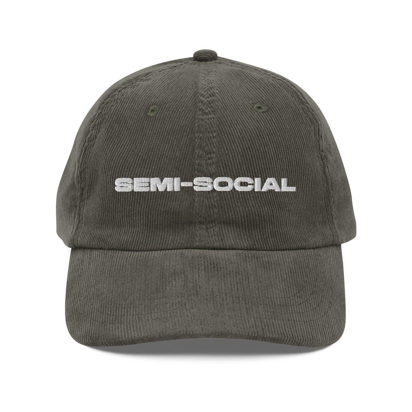 SEMI-SOCIAL, text, type, hat, dad hat, corduroy, cozy, design. front view of olive hat on white background