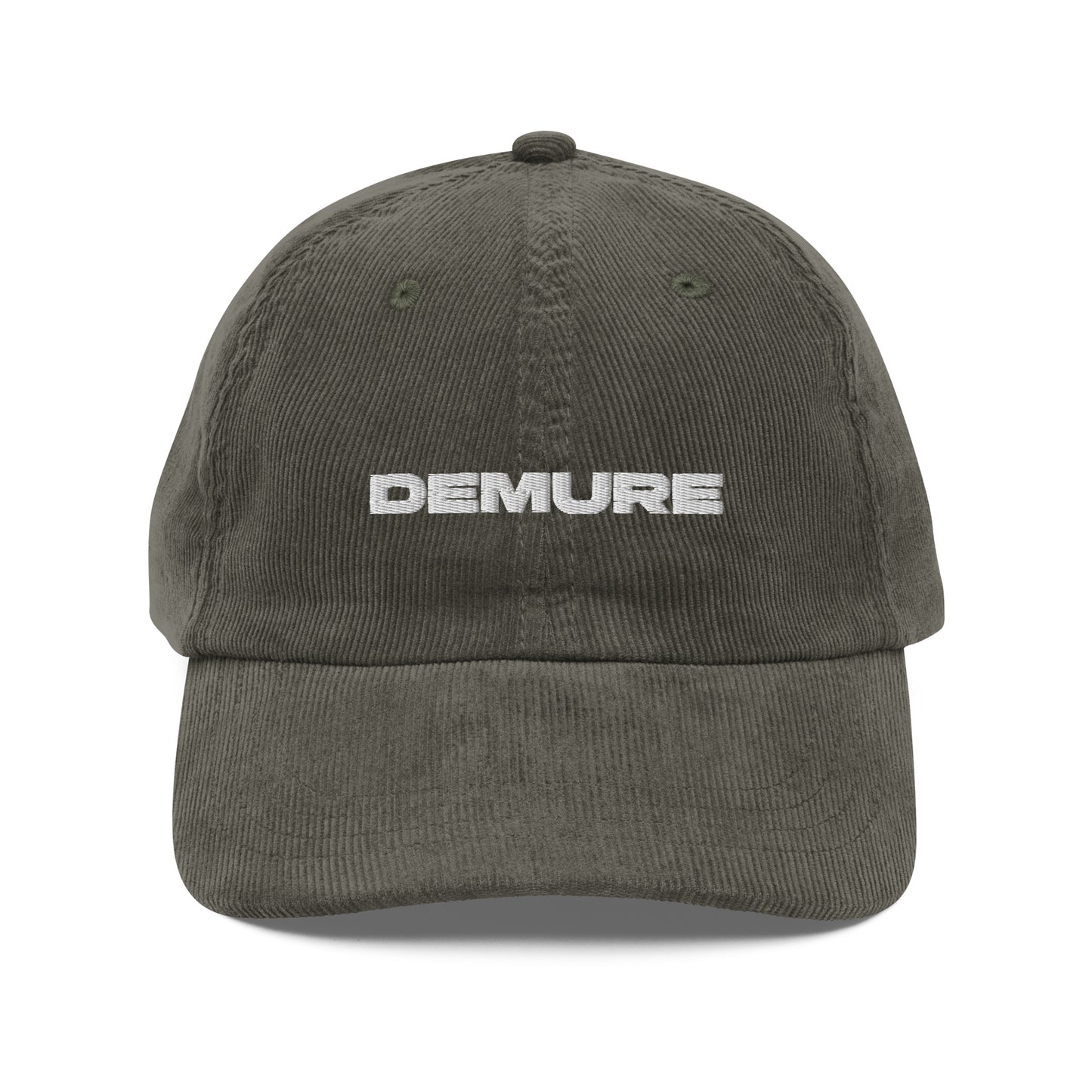 DEMURE, text, type, hat, dad hat, corduroy, cozy, design. front view of olive hat on white background