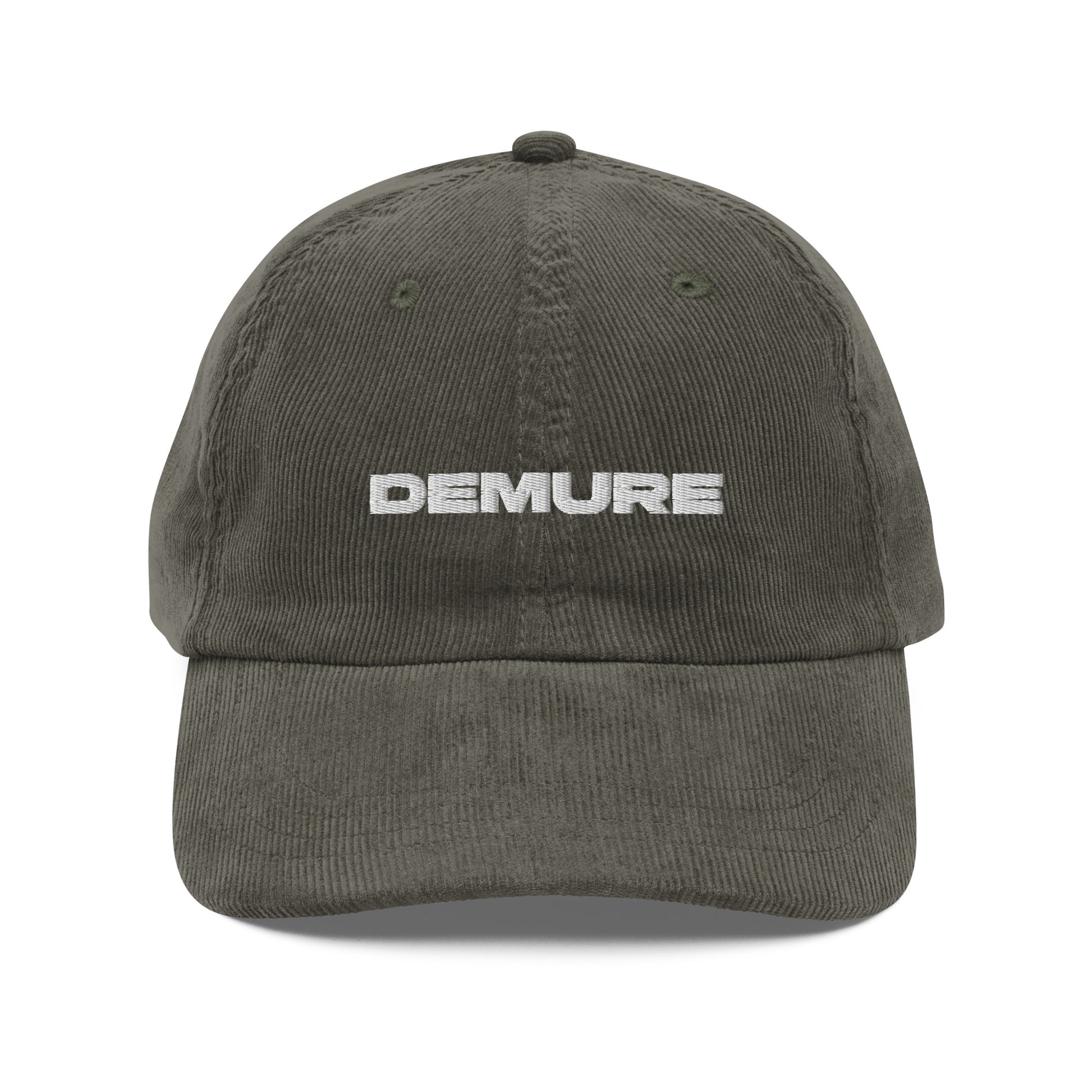 DEMURE, text, type, hat, dad hat, corduroy, cozy, design. front view of olive hat on white background