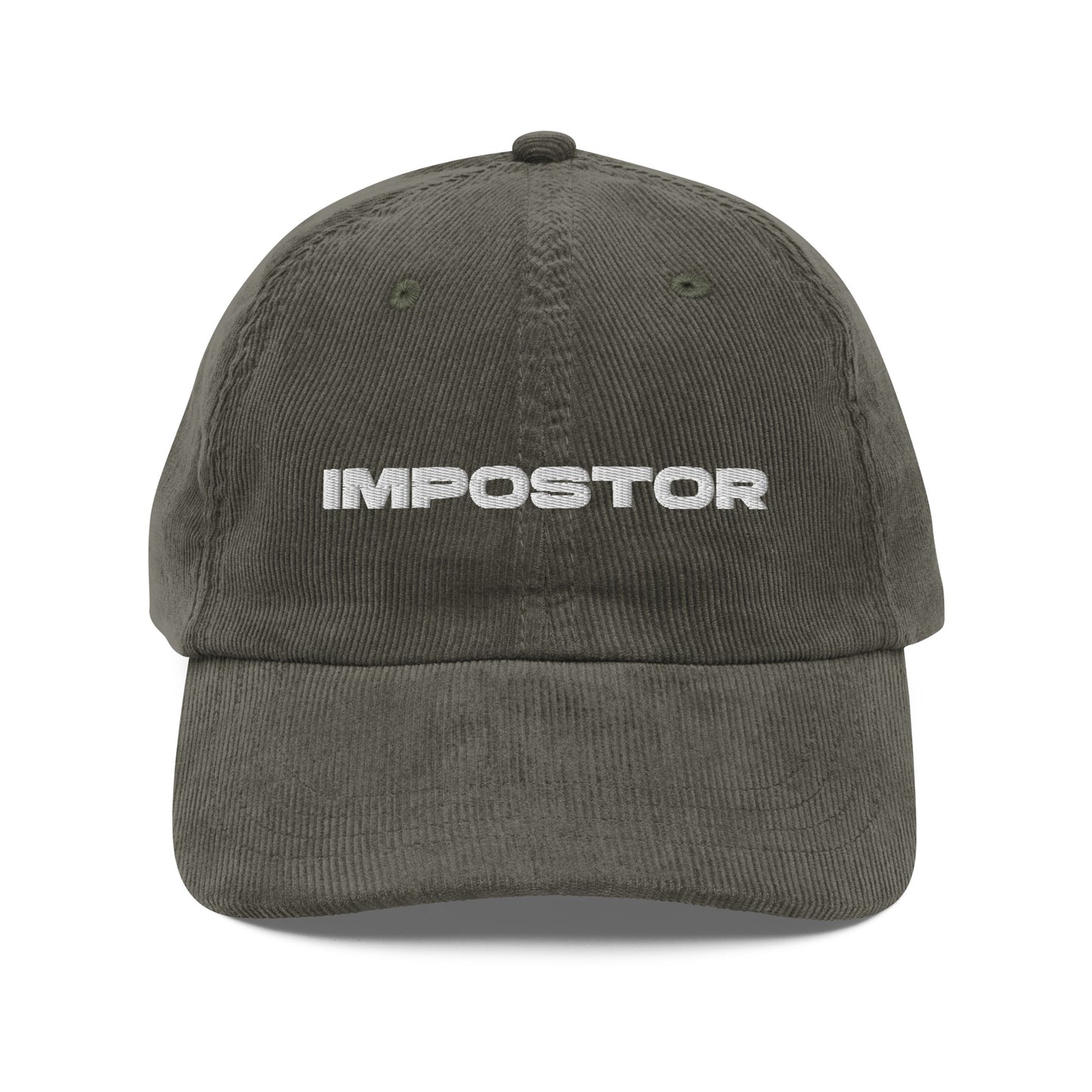 IMPOSTOR, text, type, hat, dad hat, corduroy, cozy, design. front view of olive hat on white background