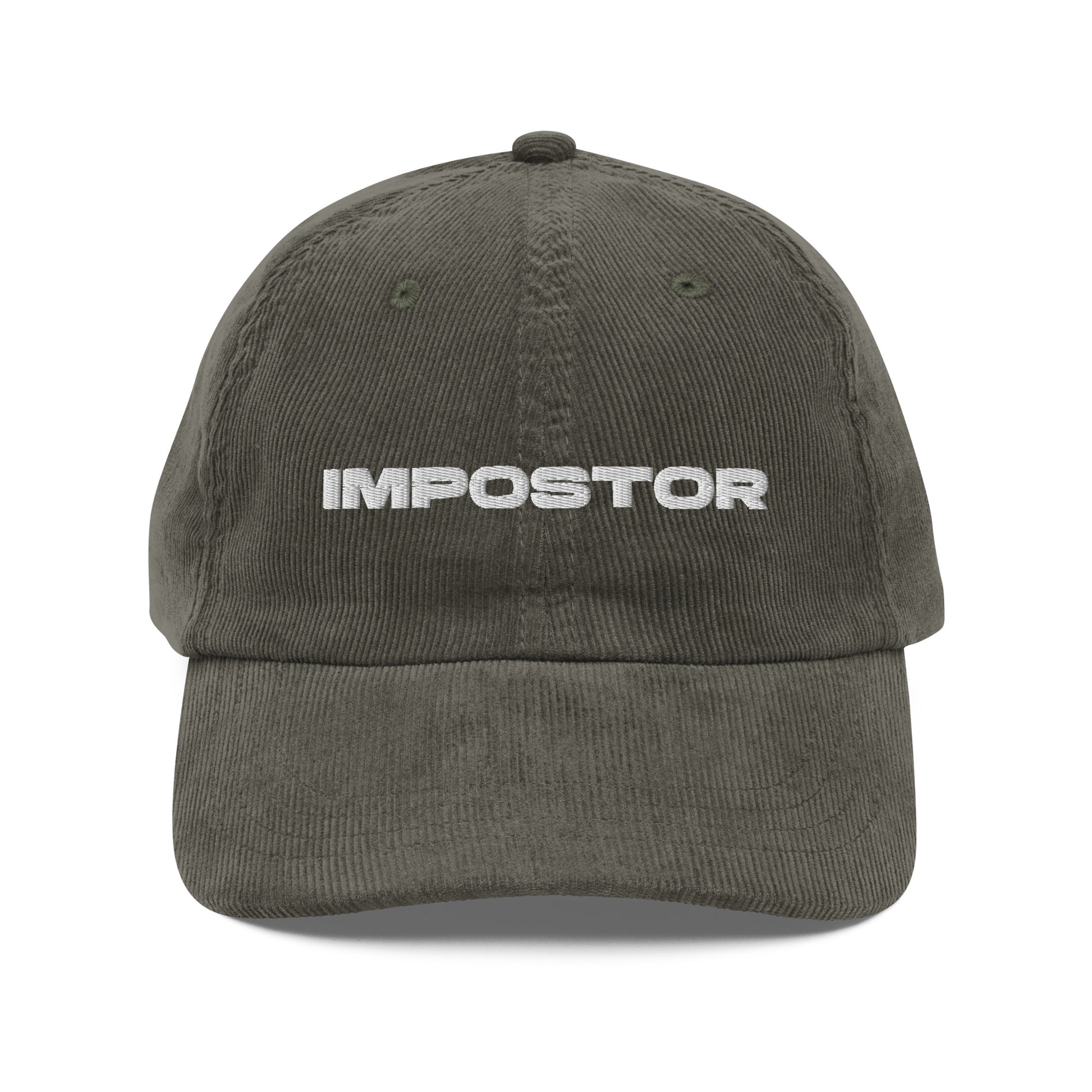 IMPOSTOR, text, type, hat, dad hat, corduroy, cozy, design. front view of olive hat on white background