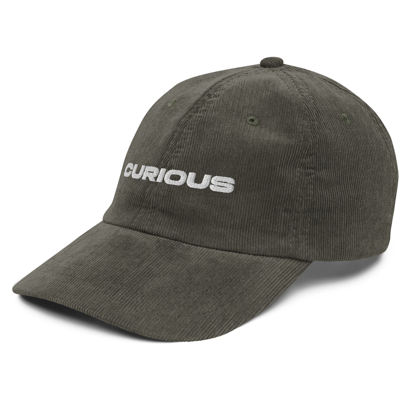 CURIOUS, text, type, hat, dad hat, corduroy, cozy, design. front right side view of olive hat on white background