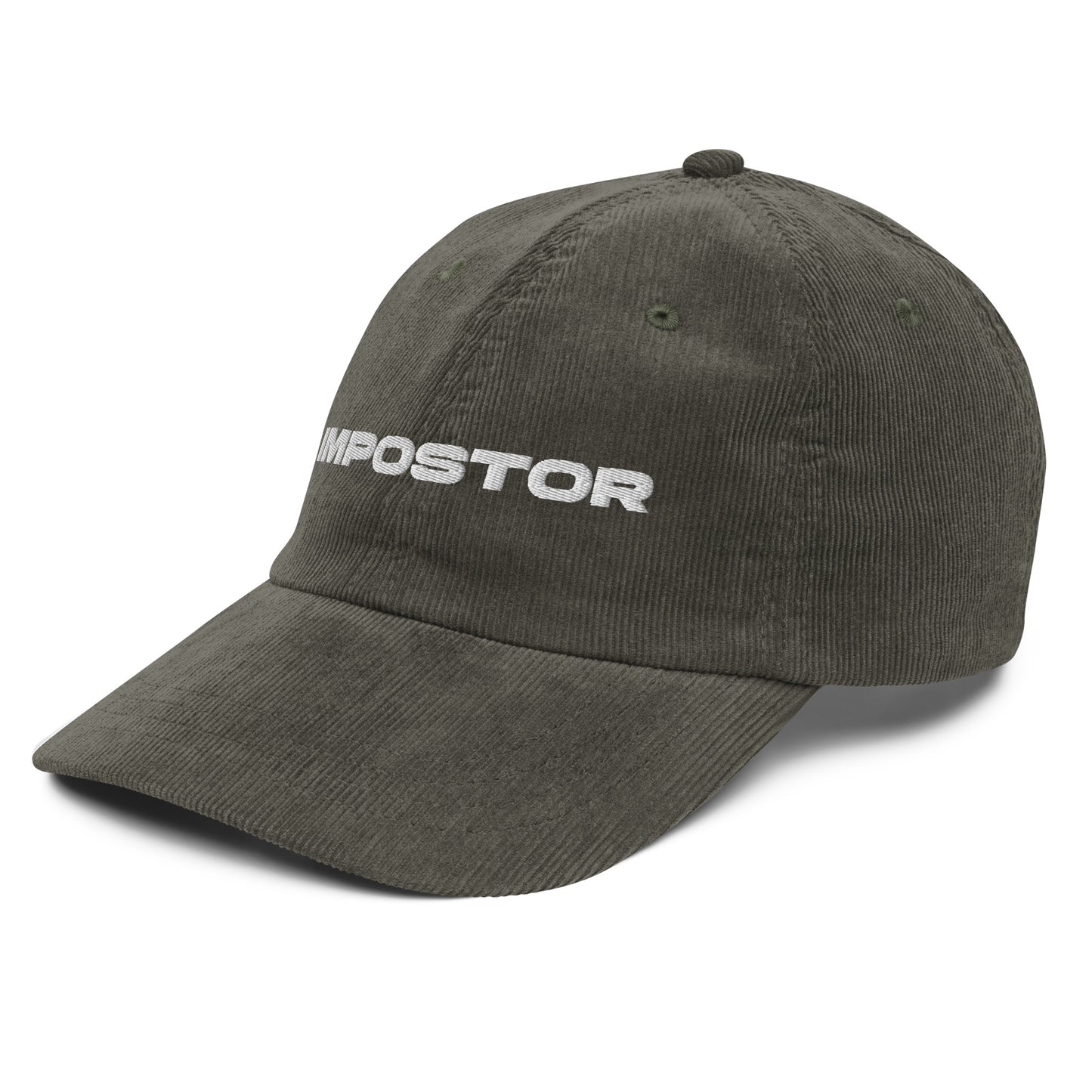 IMPOSTOR, text, type, hat, dad hat, corduroy, cozy, design. front right side view of olive hat on white background