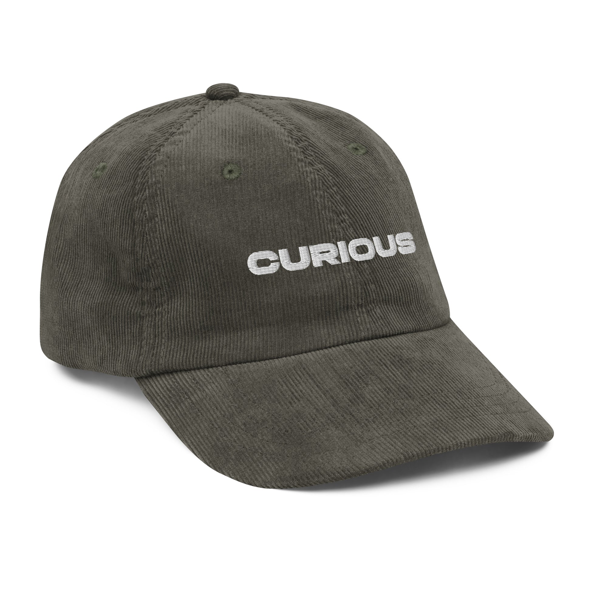 CURIOUS, text, type, hat, dad hat, corduroy, cozy, design. front left side view of olive hat on white background