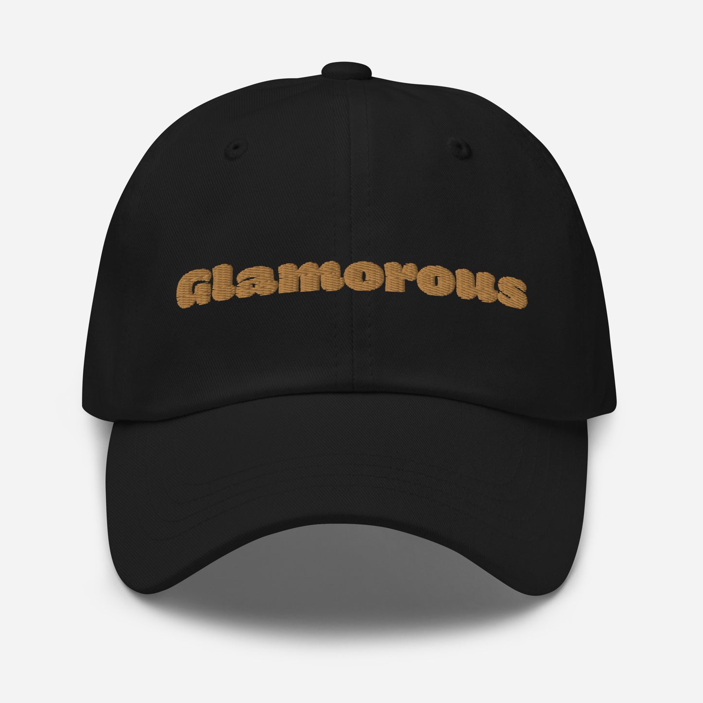 Los Angeles city editions with “Glamorous” type in gold embroidery on black casual dad hat front view on white background