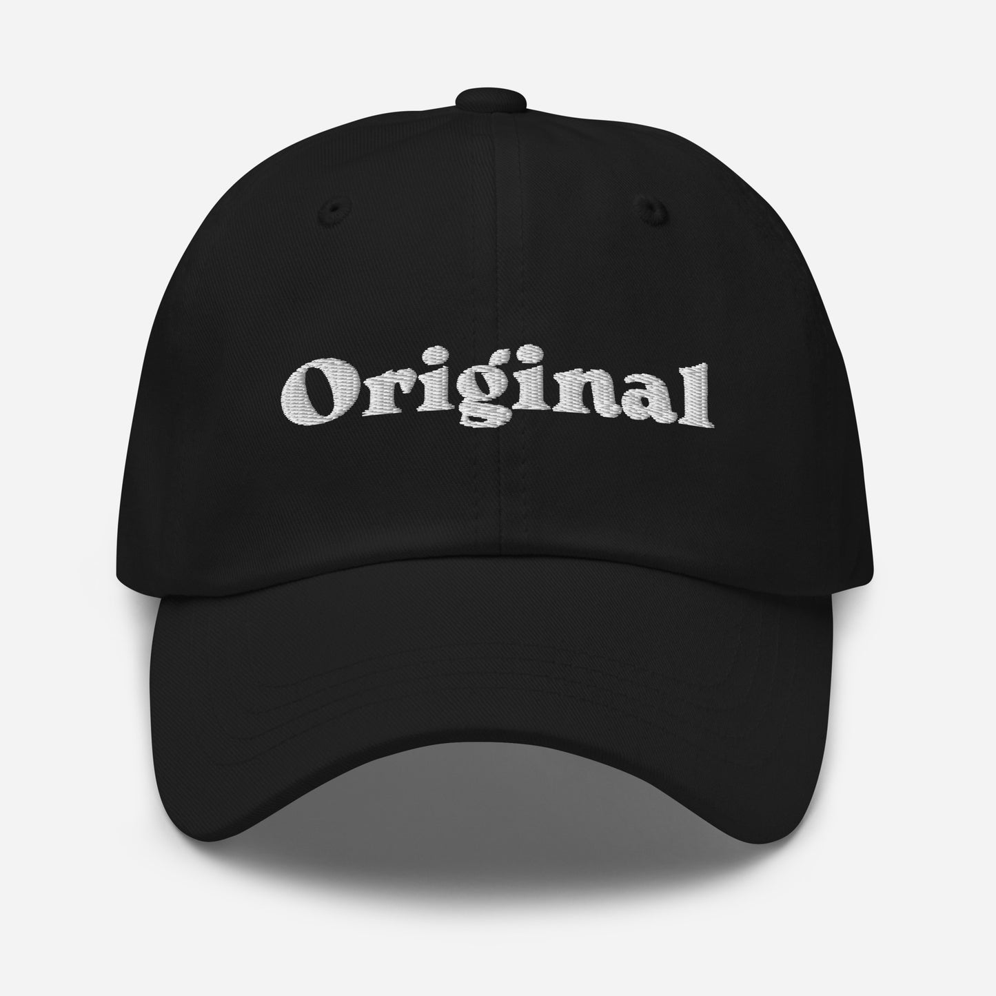 New York city editions with “Original” type in white embroidery on black casual dad hat front view on white background