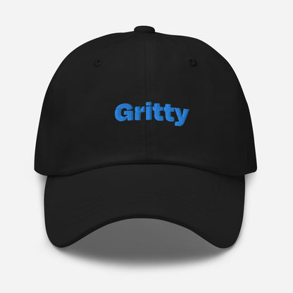 Chicago city editions with “Gritty” type in blue embroidery on black casual dad hat front view on white background