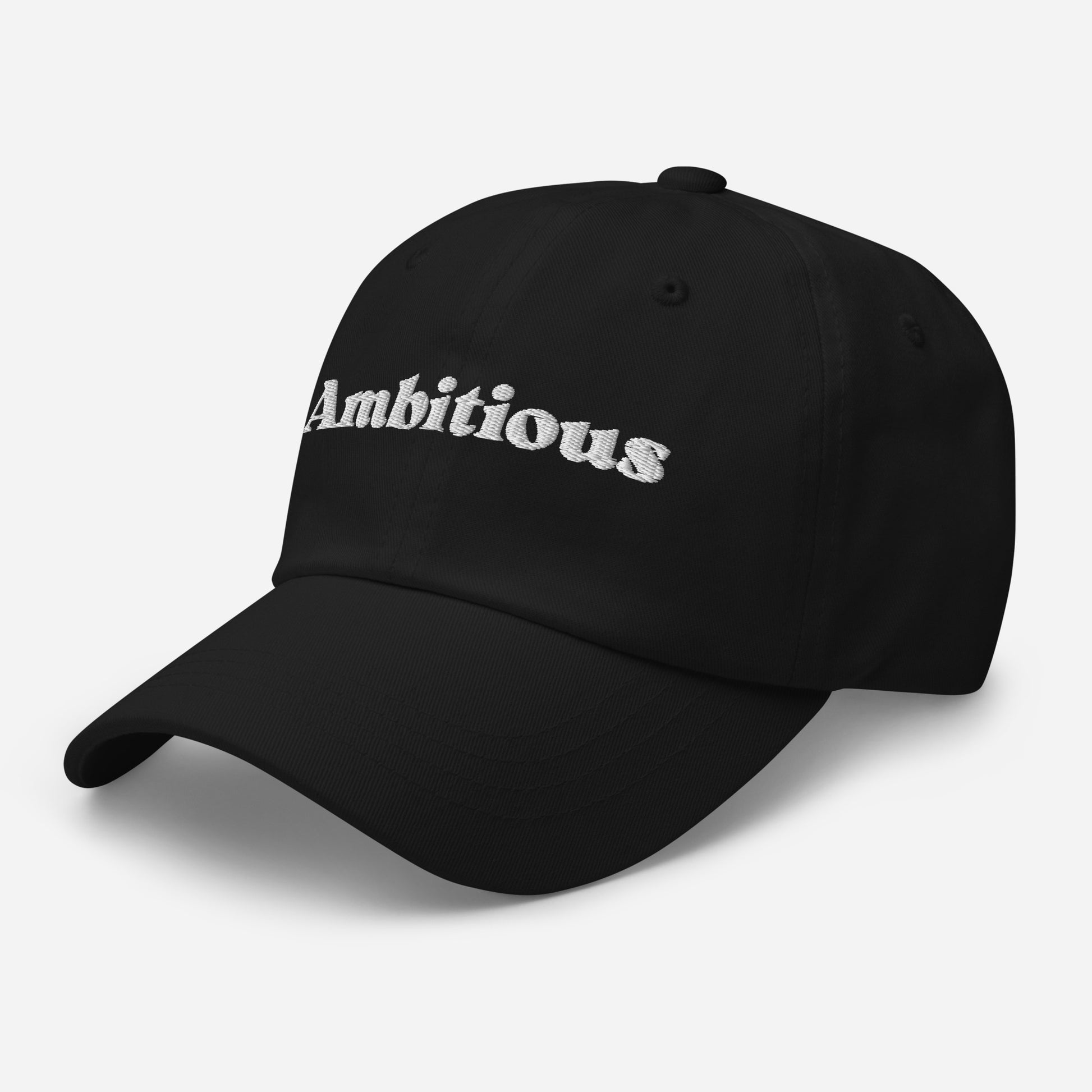 New York city editions with “Ambitious” type in white embroidery on black casual dad hat front side view on white background