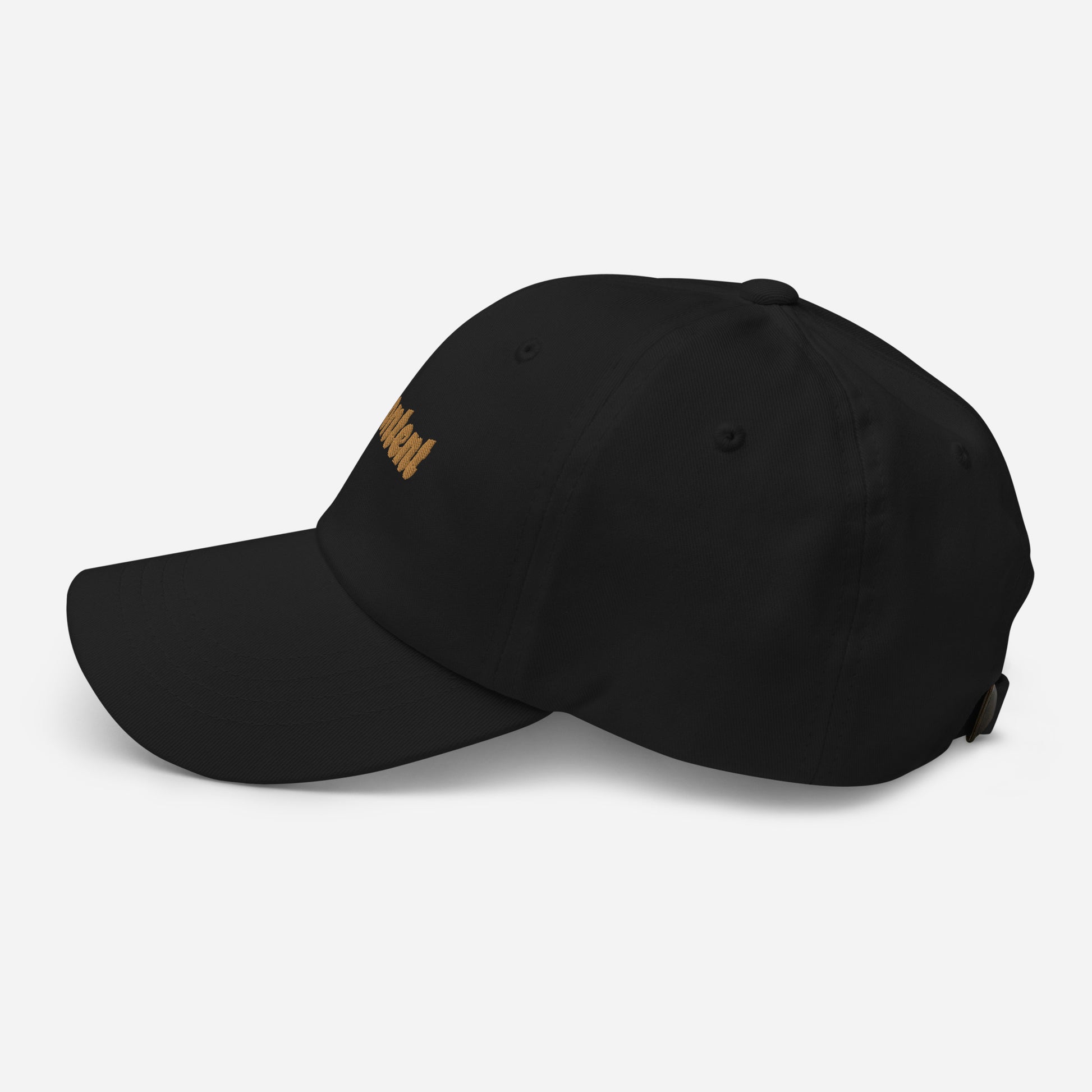 Portland city editions with “Content” type in gold embroidery on black casual dad hat side view on white background